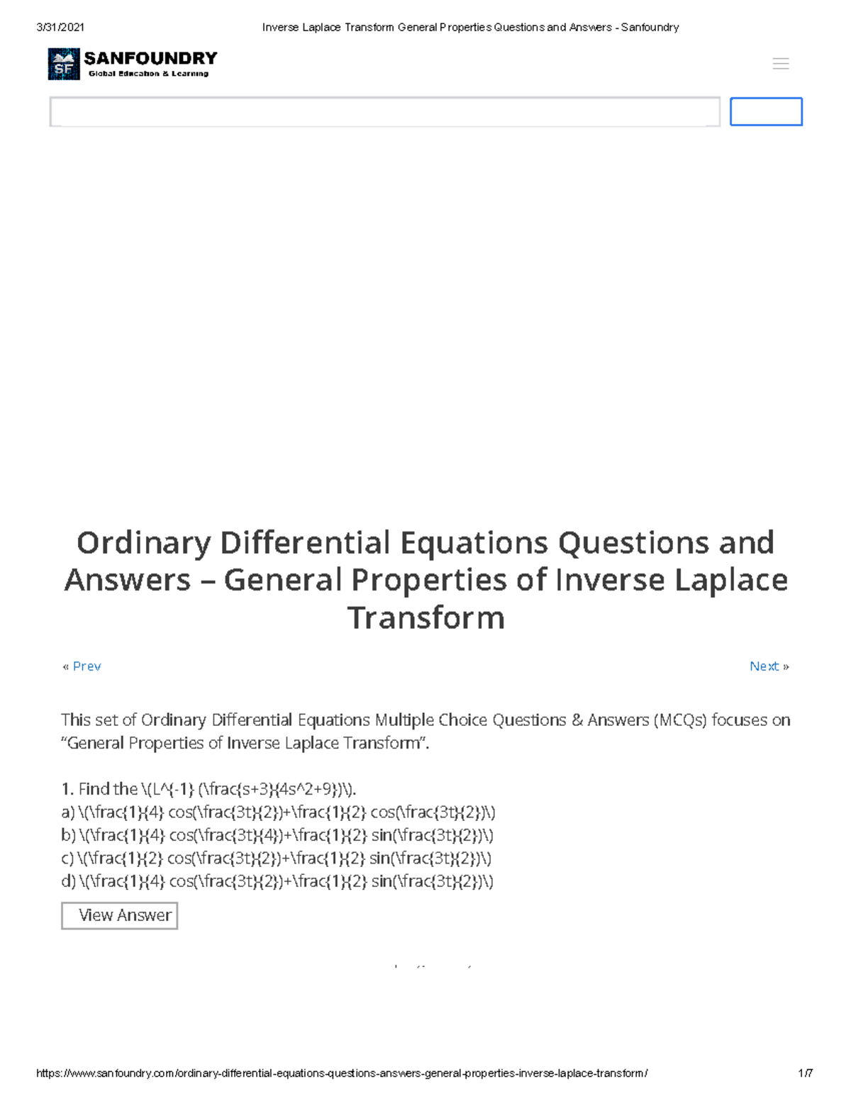 Inverse Laplace Transform General Properties Questions And Answers Studocu