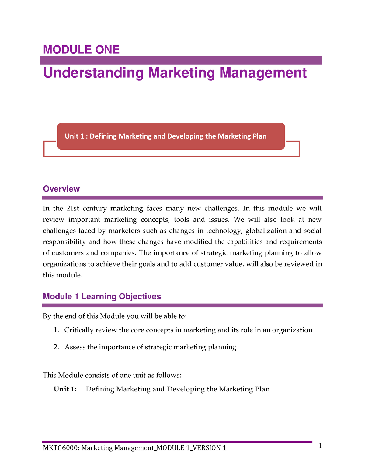 MKTG 6000 Module 1 - MKTG6000: Marketing Management_MODULE