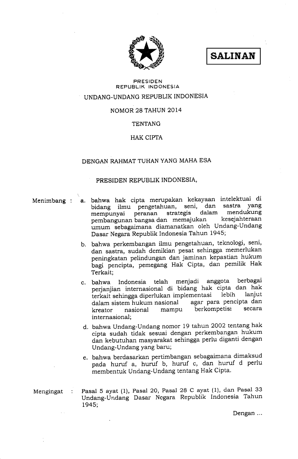 UU Nomor 28 Tahun 2014 - Ywhwgg - PRESIDEN REPUBLIK INDONESIA UNDANG ...