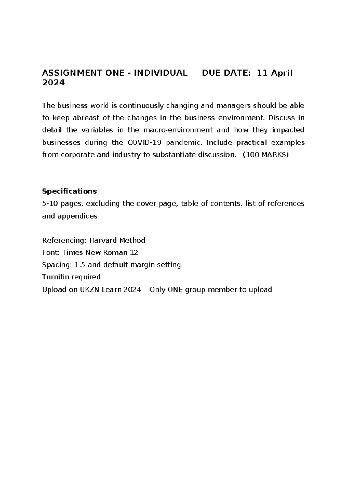 Assignment ONE - ASSIGNMENT ONE - INDIVIDUAL DUE DATE: 11 April 2024 ...