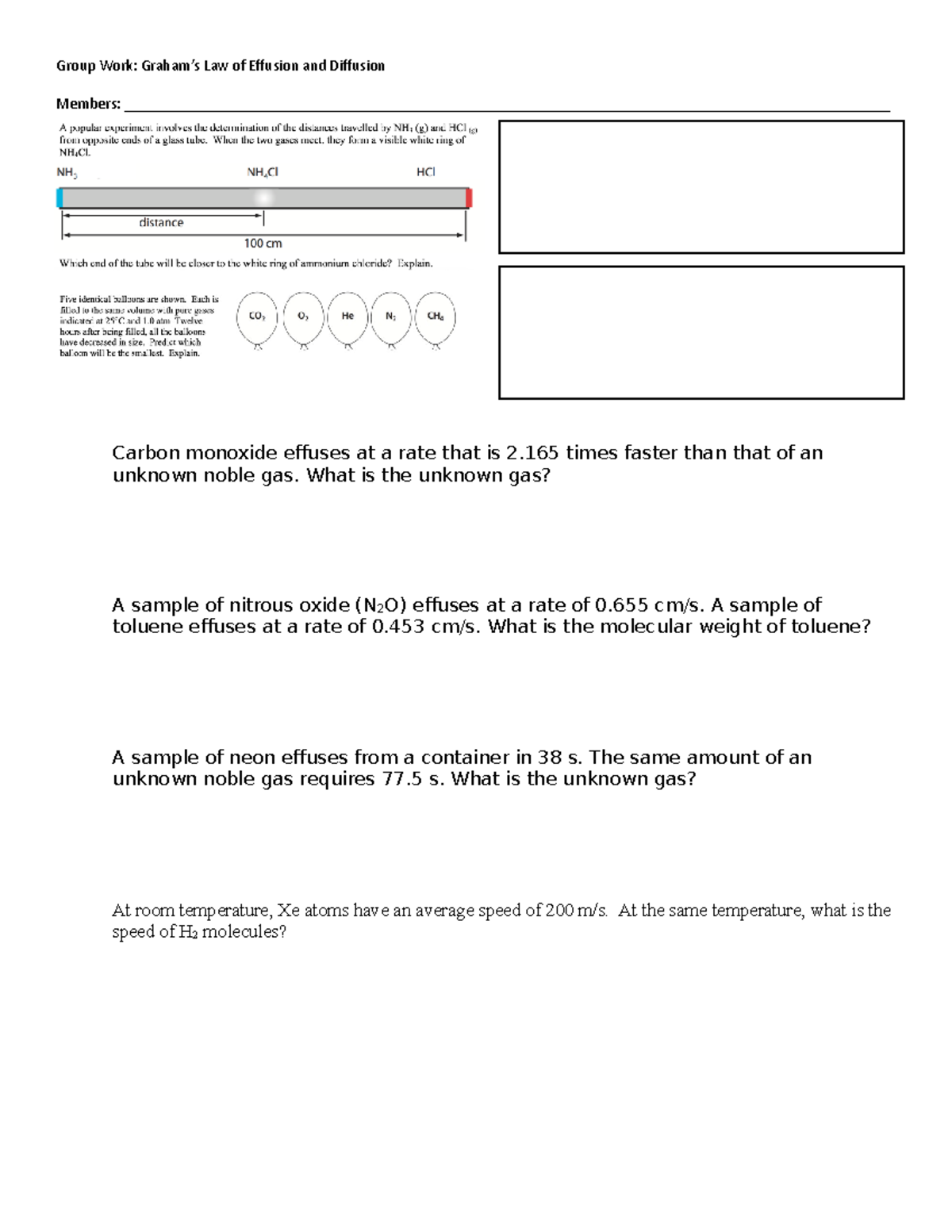 Group Work Effusion :Diffusion - Group Work: Graham’s Law of Effusion ...