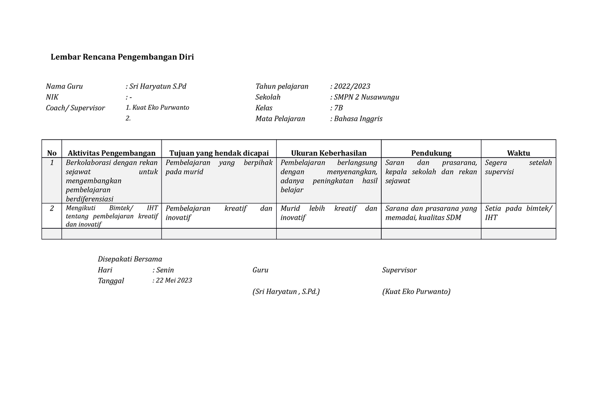 4 Lembar Rencana Pengembangan Diri - Kuat Eko Purwanto Kelas : 7B 2 ...