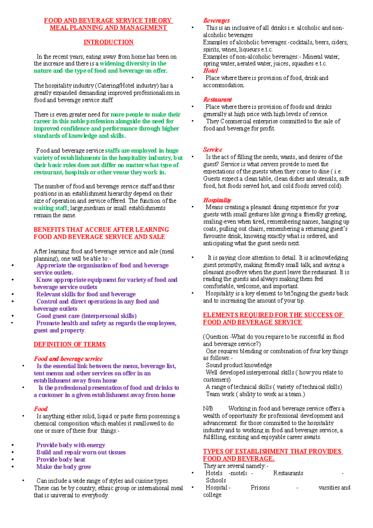 FOOD AND Beverage Service Theory FOOD AND BEVERAGE SERVICE THEORY