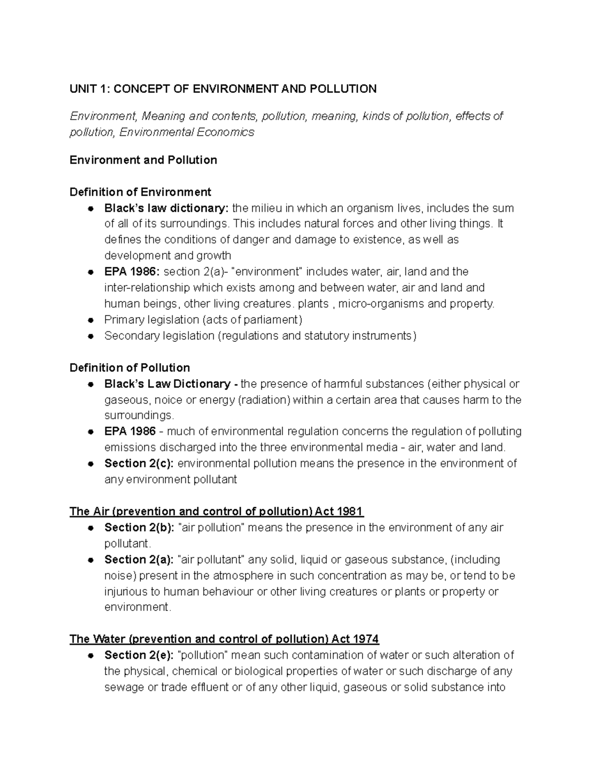 Environmental Law - Complete Notes Final For End Ems - UNIT 1: CONCEPT ...