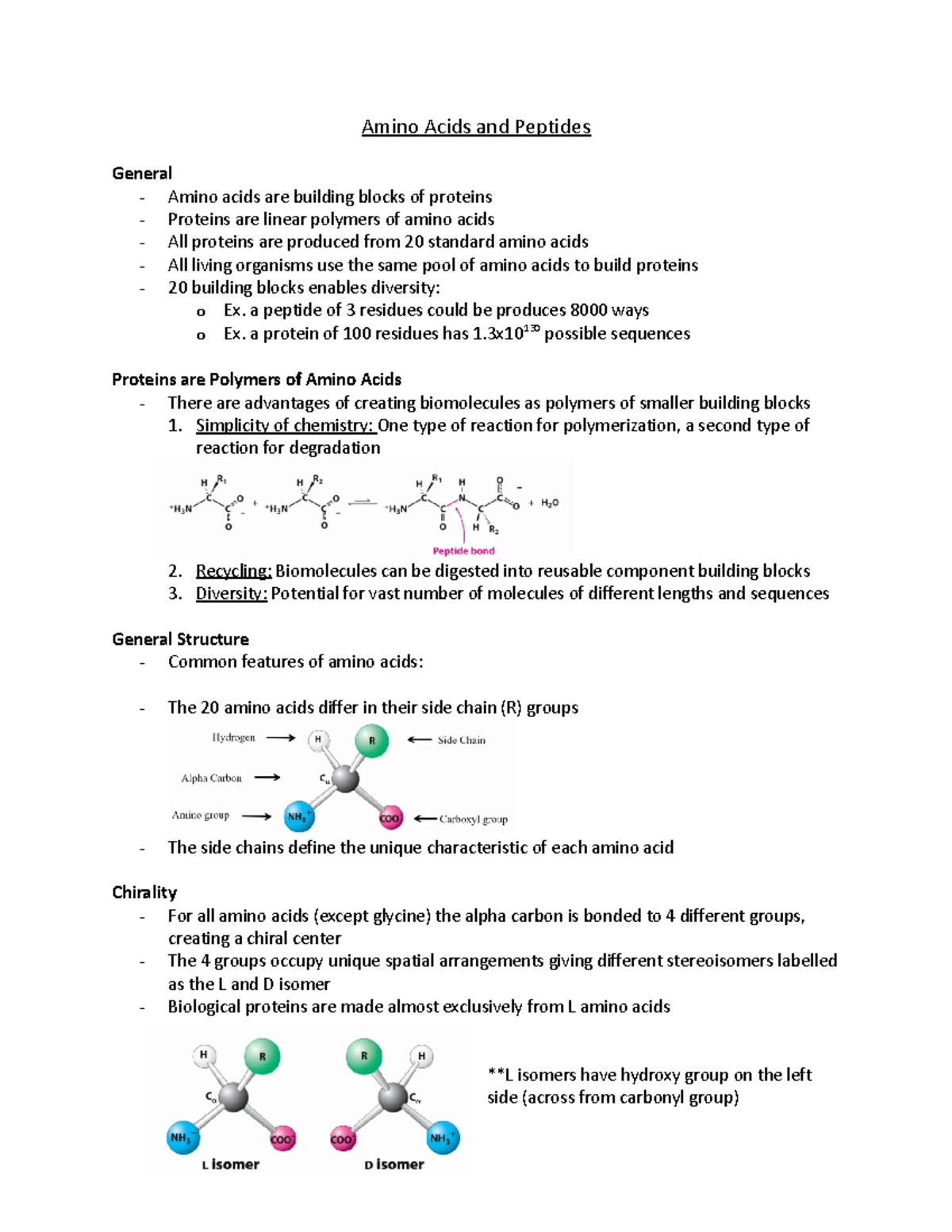 BMSC mod 3 notes - Amino Acids and Peptides General - Amino acids are ...
