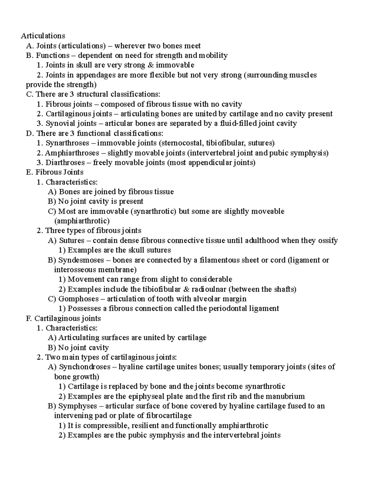 Articulations Notes - Spring 2020 - Articulations A. Joints (articulations)  – wherever two bones - StuDocu