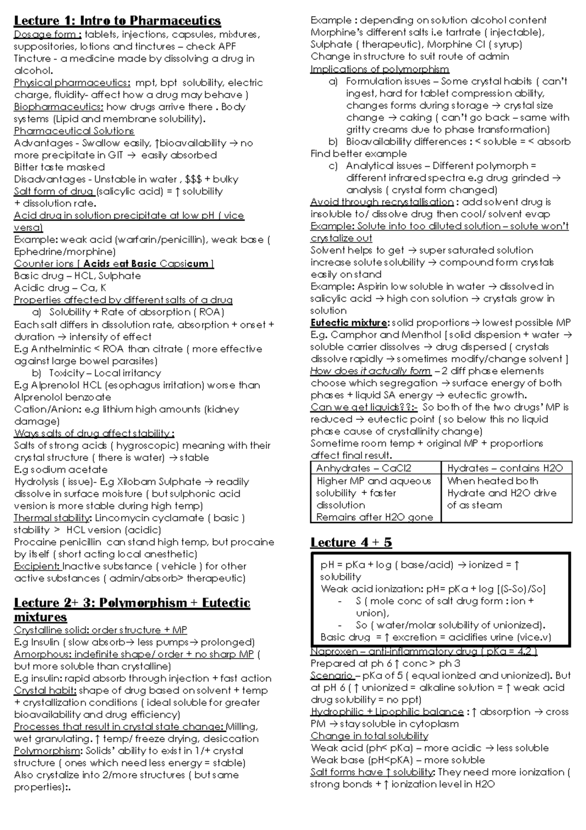 Pharm lec exam summaries - Lecture 1: Intro to Pharmaceutics Dosage ...