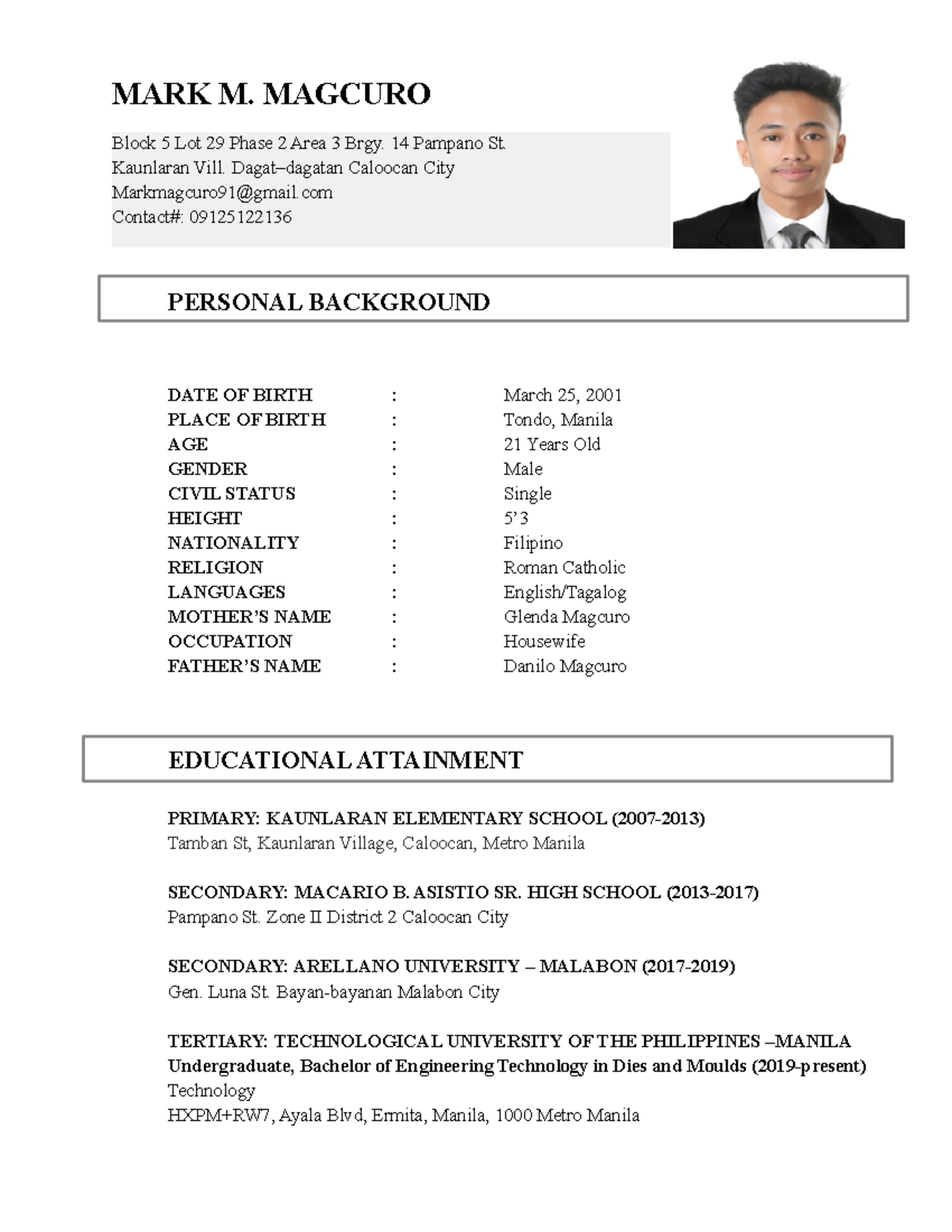 Mark Magcuro Resume - Thank u - J.M. de Casseres - MARK M. MAGCURO ...