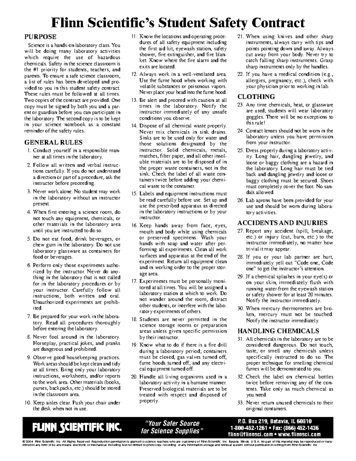 Safety Contract - science work - P. Box 219, Batavia, IL 60510 1-800 ...