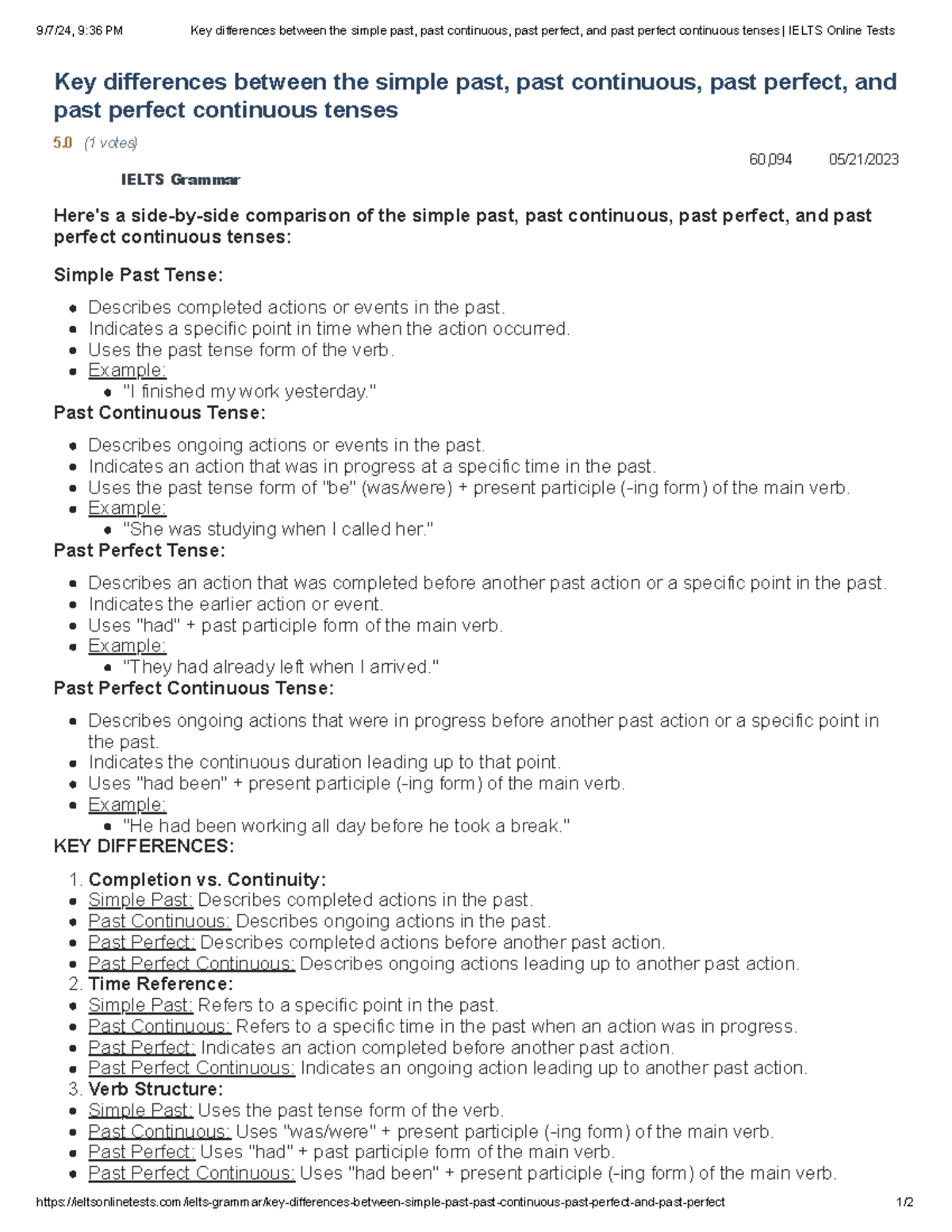 Key differences between the simple past, past continuous, past perfect ...