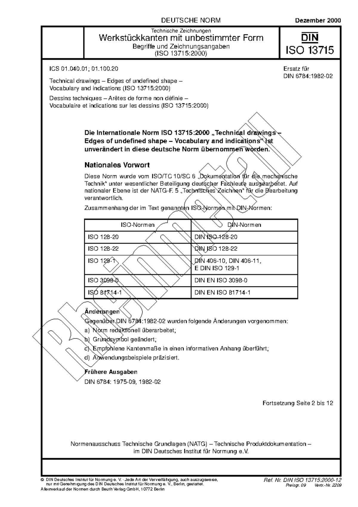 DIN ISO 13715 Dated 12-2000 Edges and Burrs German - DEUTSCHE NORM I S O 13 715 DIN Deutsches ...