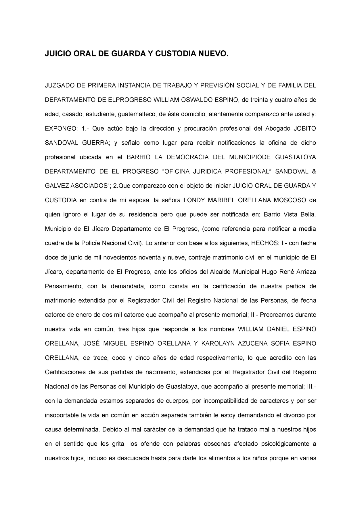 Memorial Juicio Oral De Guarda Y Custodia Nuevo Juzgado De Primera