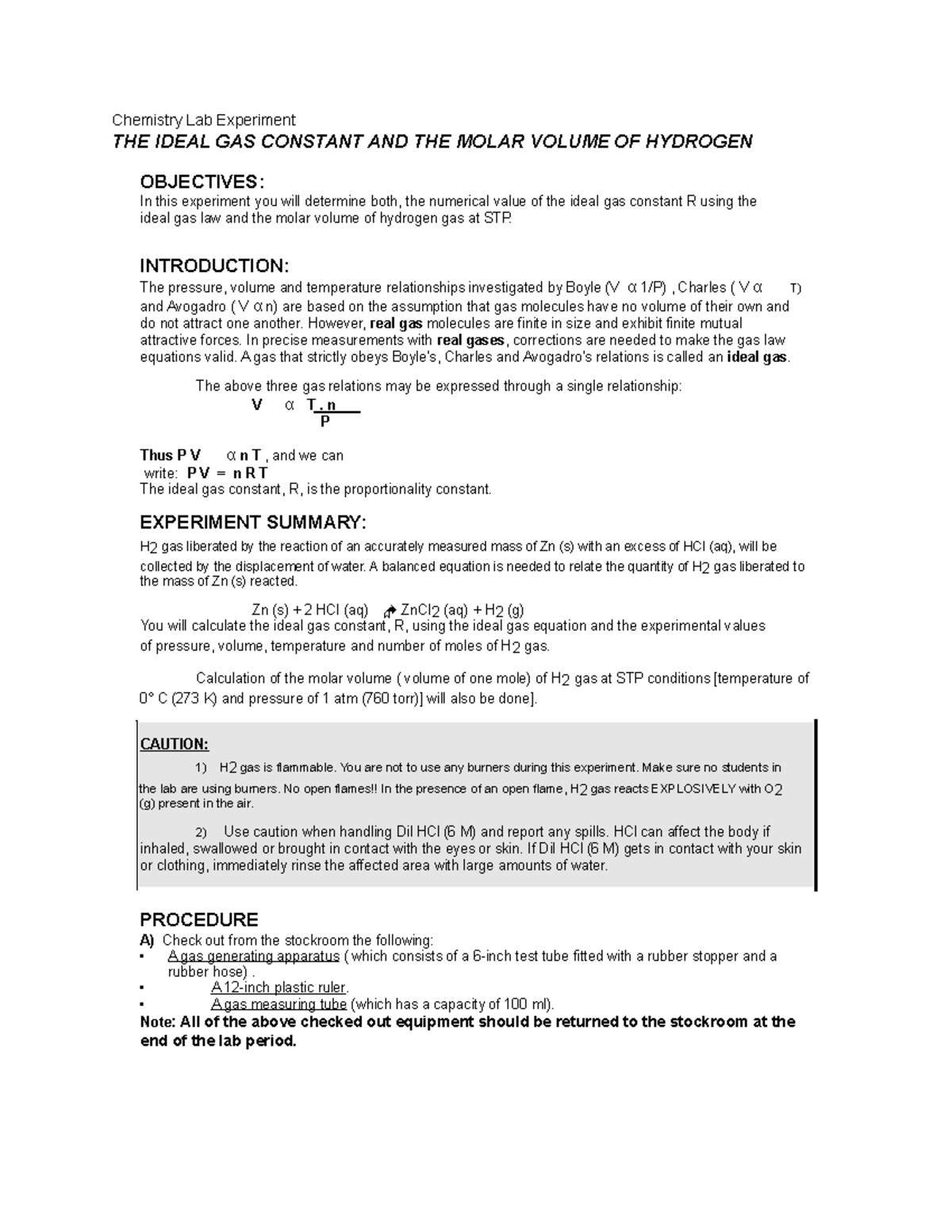 VOL This is coursework for General Chemistry Lab. Chemistry Lab Experiment THE IDEAL GAS