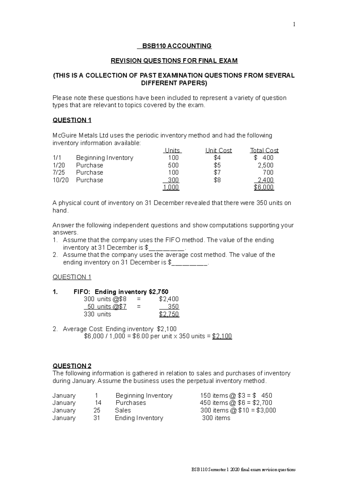 Practice Exam Questions And Answers - BSB110 ACCOUNTING REVISION ...