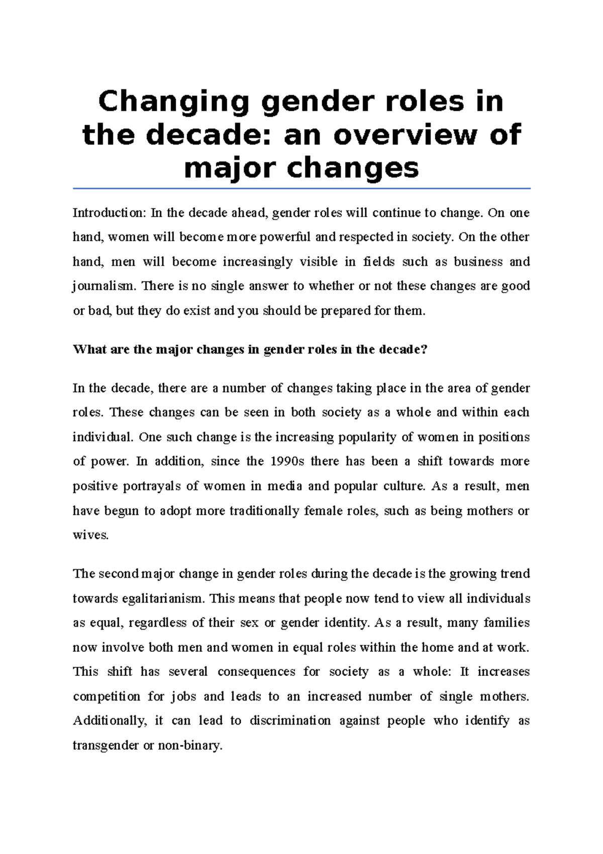 Changing gender roles in the decade, an overview of major changes