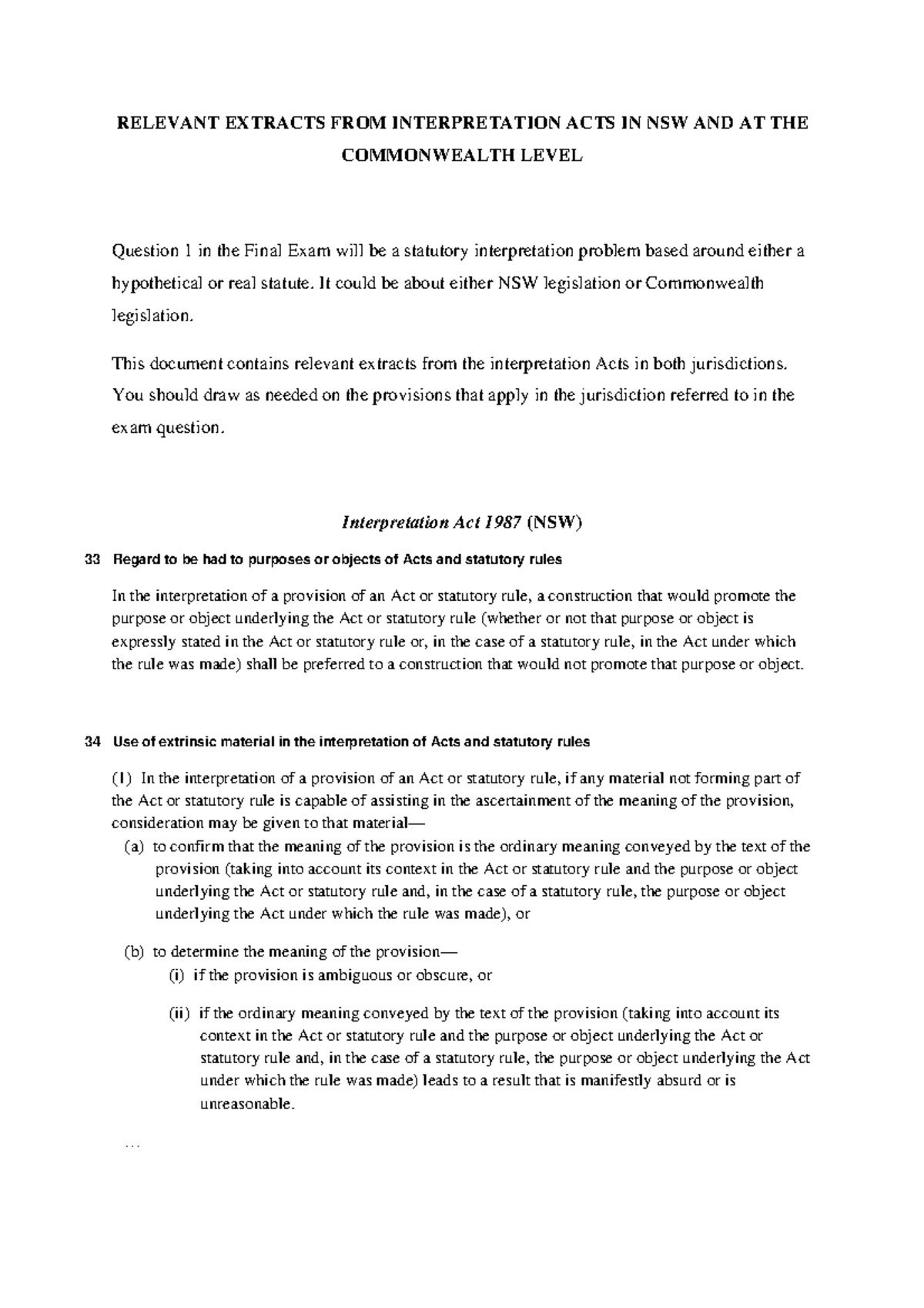 NSW and Commonwealth interpretation statutes extracts for Final Exam