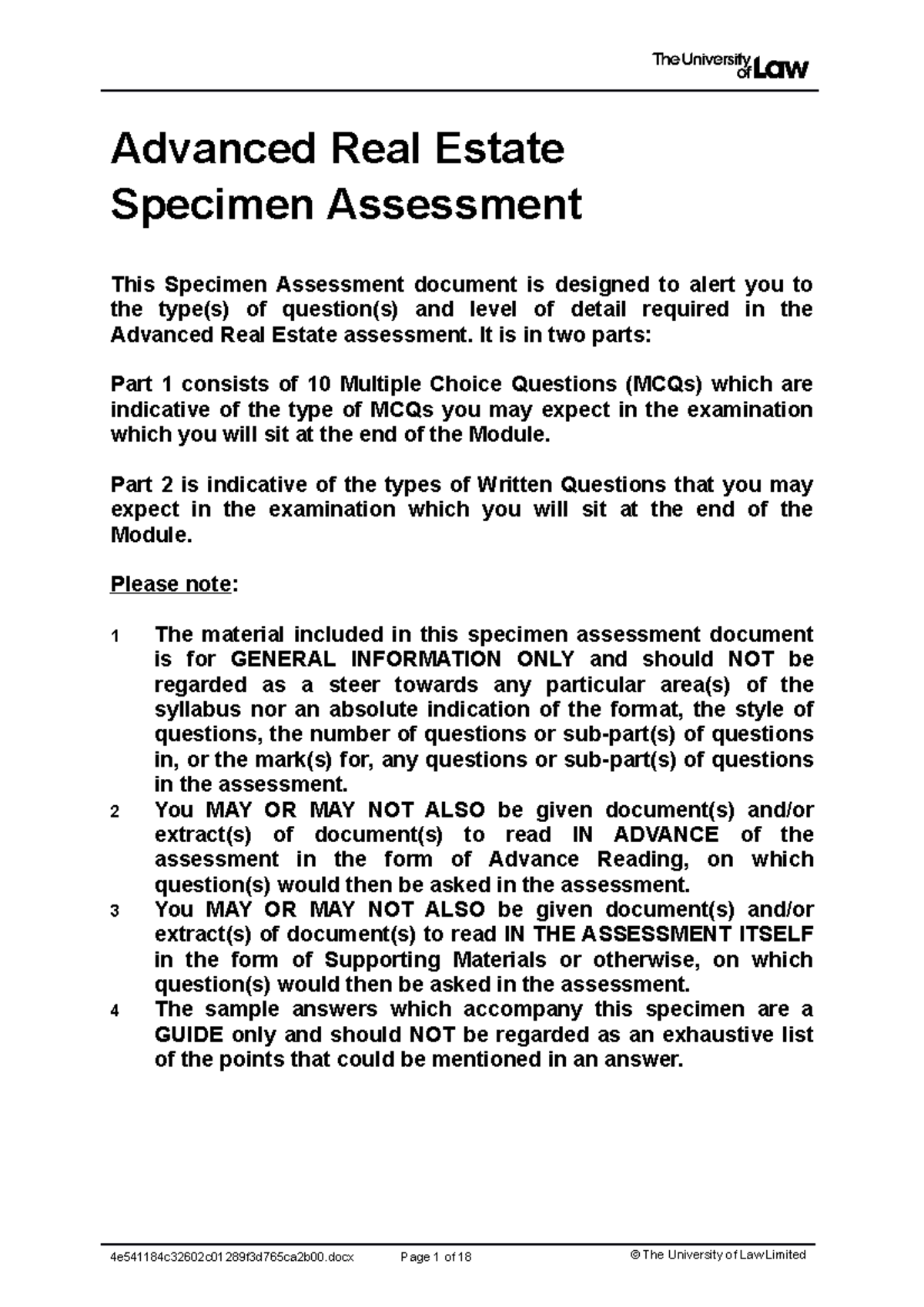 Specimen Paper Advanced Real Estate Specimen Assessment This Specimen