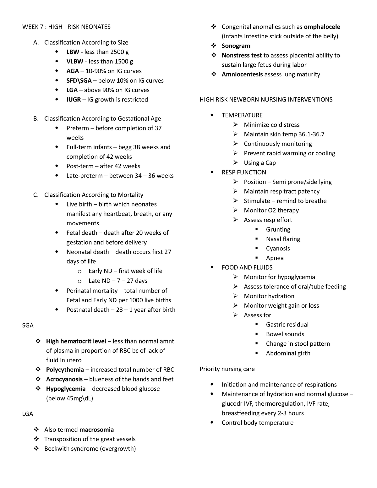 WEEK 7 - review - WEEK 7 : HIGH –RISK NEONATES A. Classification ...