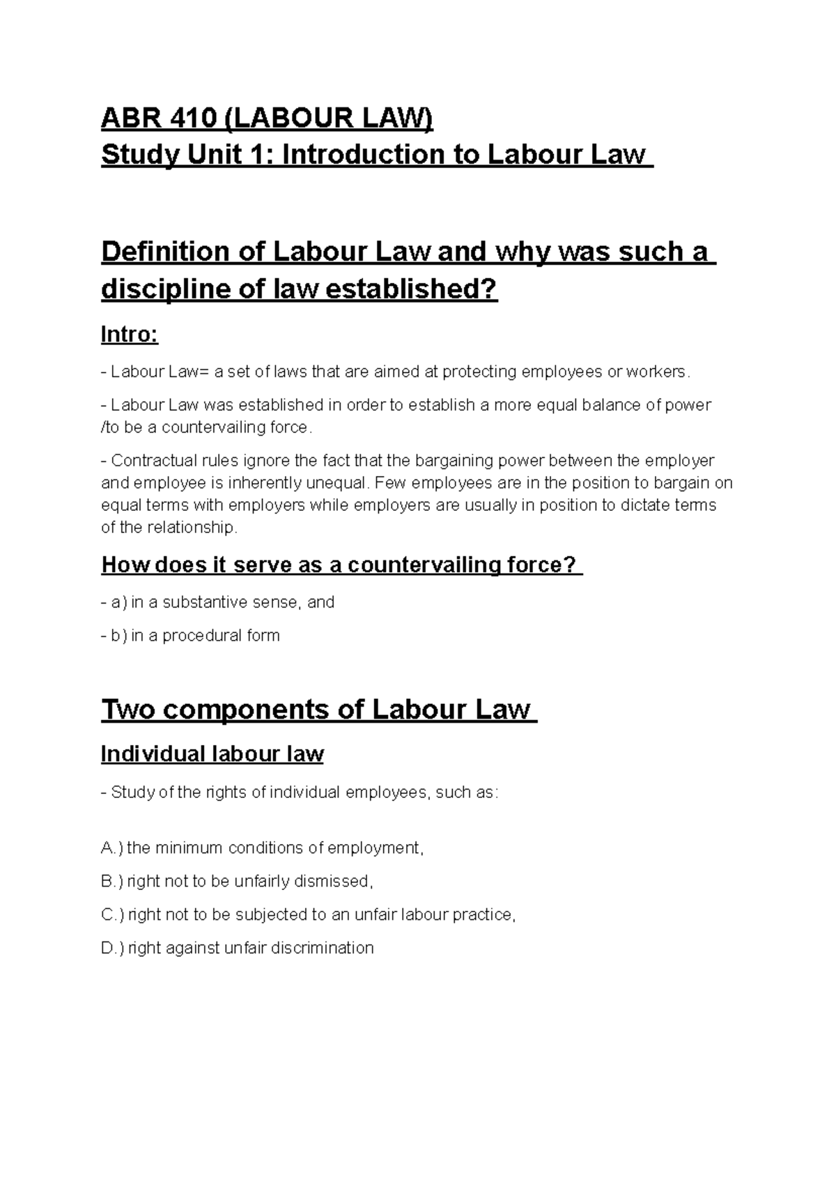 Gideon Swart ABR 410 Studyco - ABR 410 (LABOUR LAW) Study Unit 1 ...