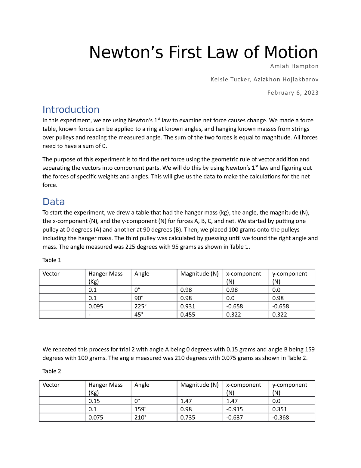 Newtons First Law Of Motion Report Newtons First Law Of Motion Amiah Hampton Kelsie Tucker 4129