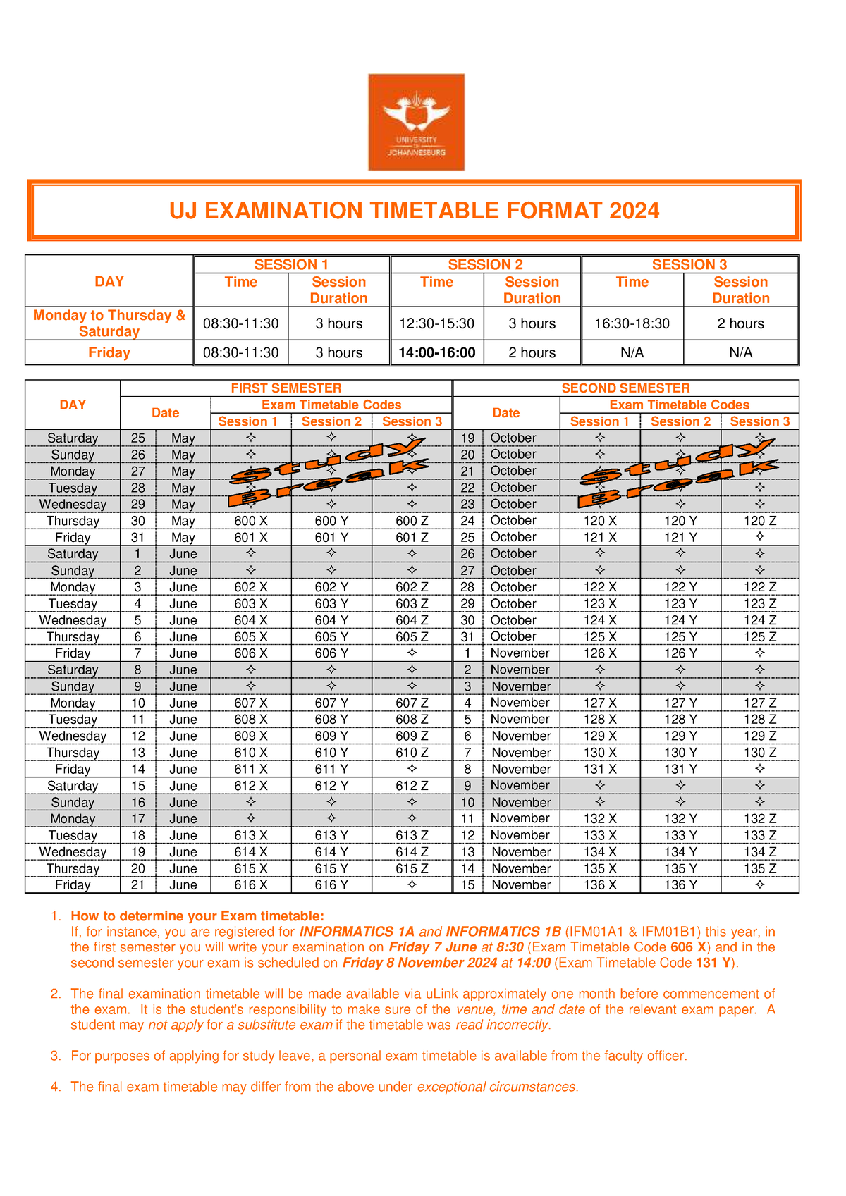 Cujexamtimetableformat2024 UJ EXAMINATION TIMETABLE FORMAT 2024