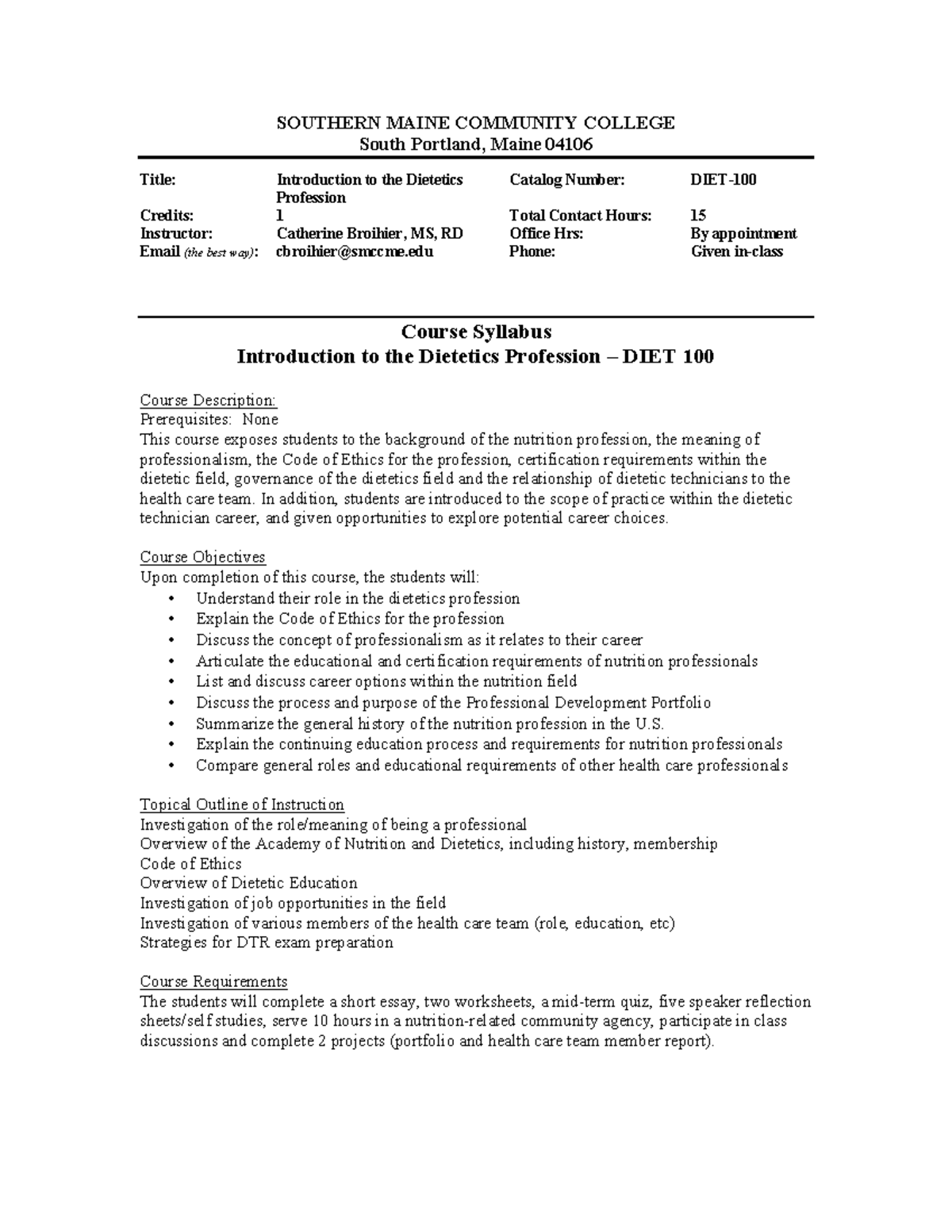 DIET 100 Syllabus general Dietetcs Profession SOUTHERN MAINE