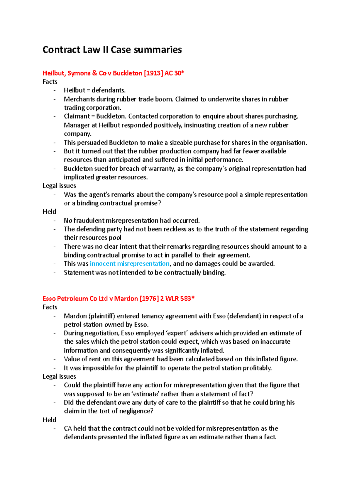 Contract Law II Case summaries - Contract Law II Case summaries Heilbut ...