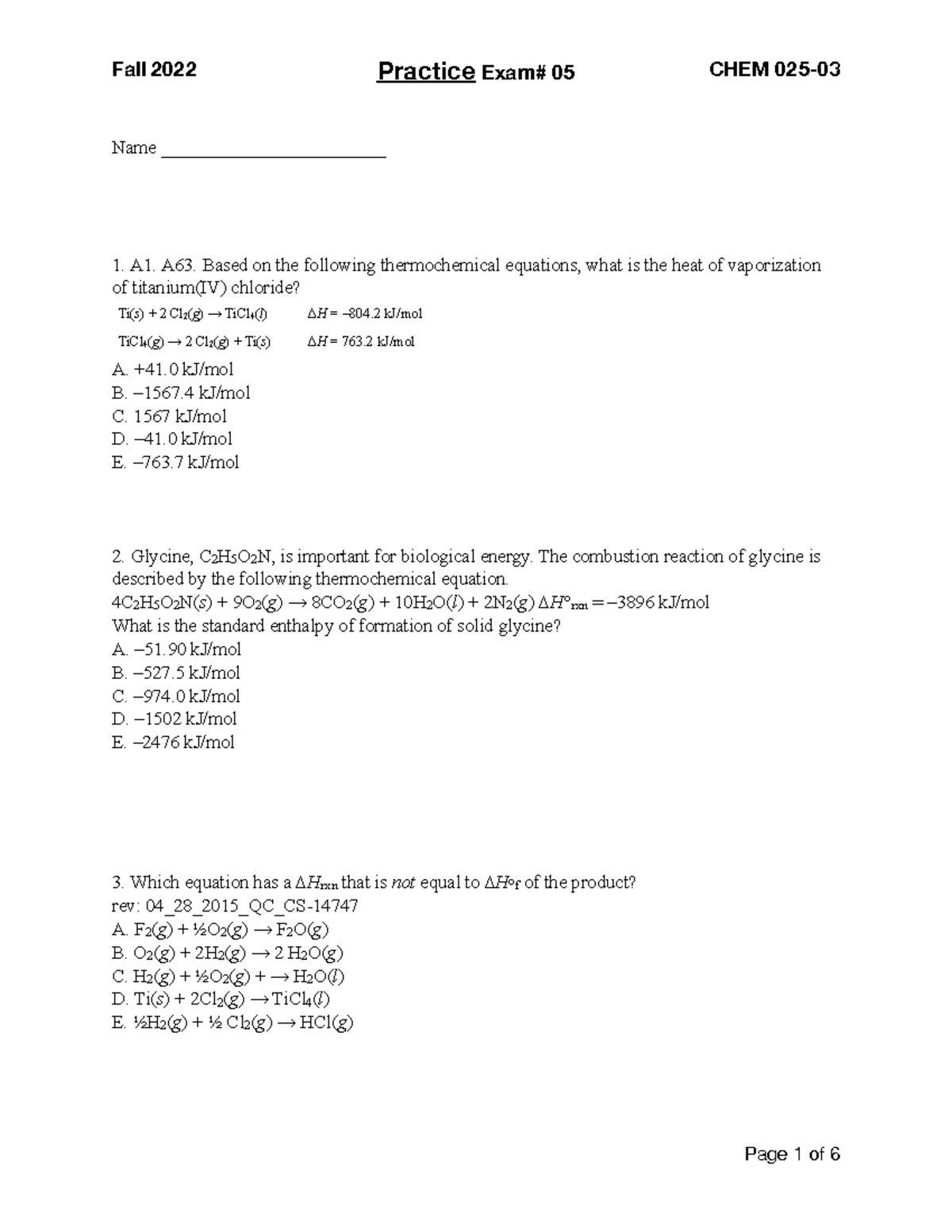 Exam#05 Practice Chem25 FL22 - Name ________________________ A1. A63 ...