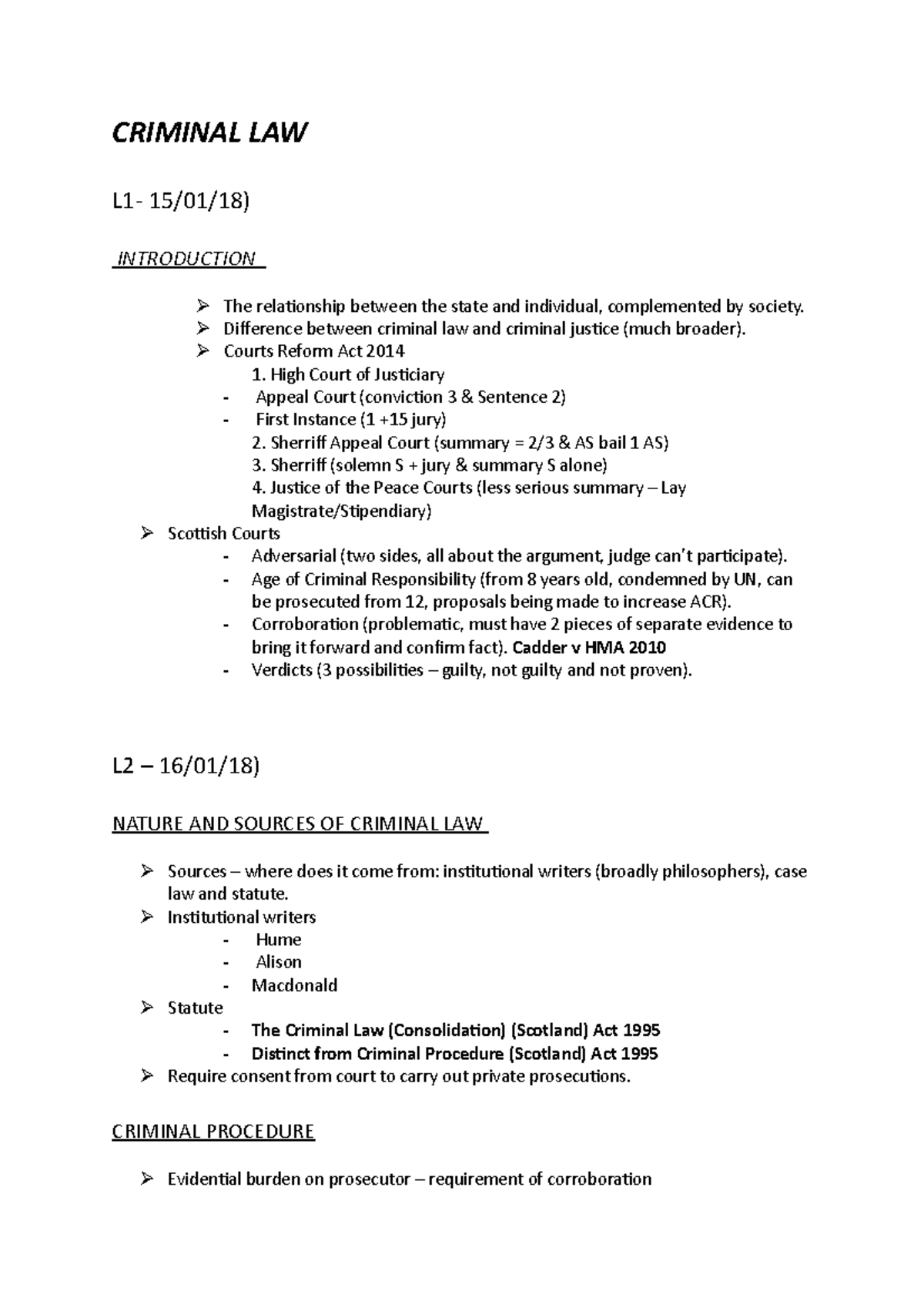 Criminal LAW Lecture Notes - CRIMINAL LAW L1- 15/01/18) INTRODUCTION ...