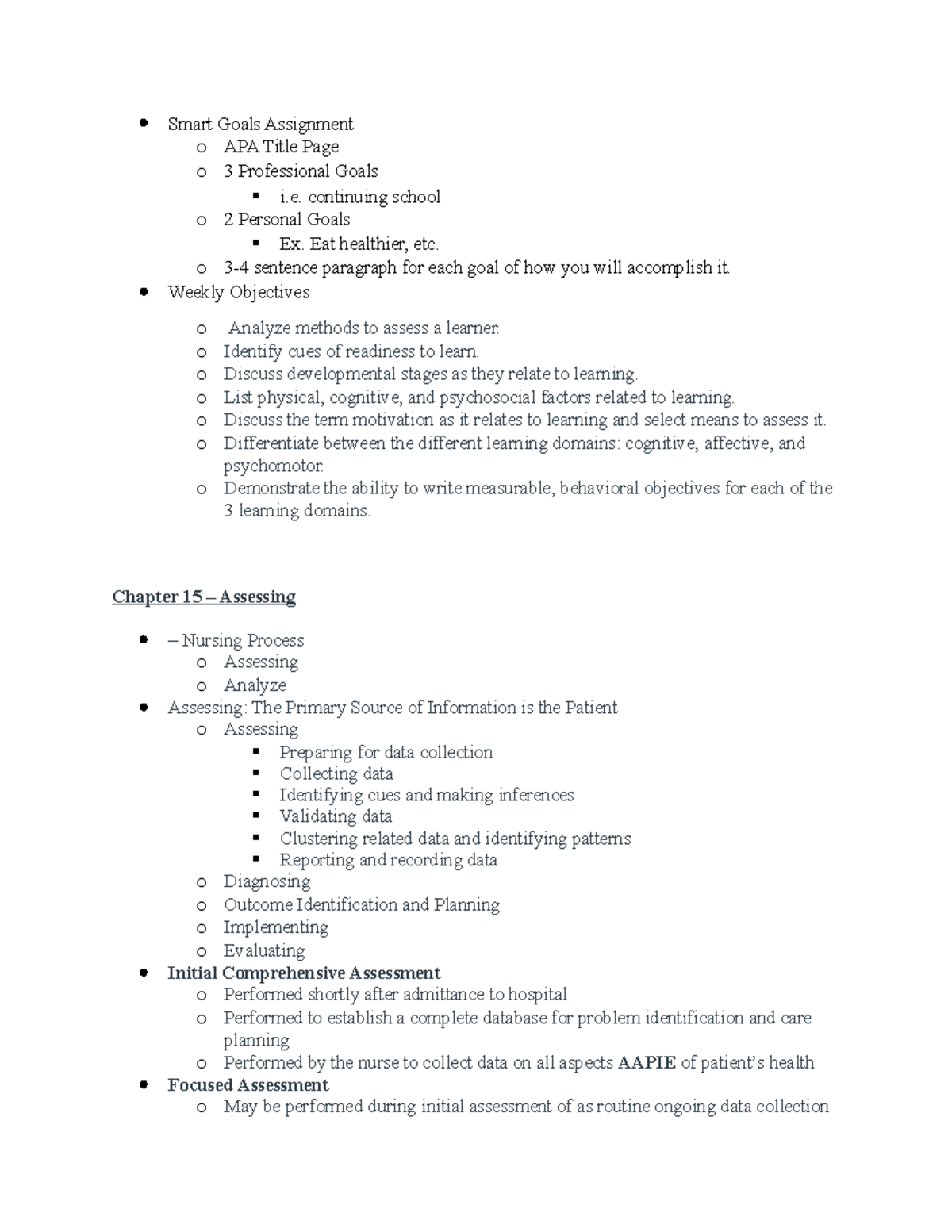 In Class Notes - Smart Goals Assignment o APA Title Page o 3 ...