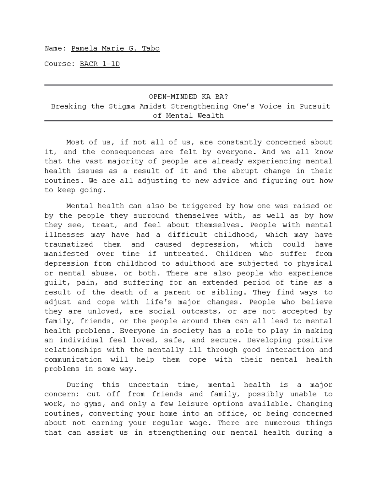 CWTS Reflection (Open Minded Ka Ba) - Name: Pamela Marie G. Tabo Course ...