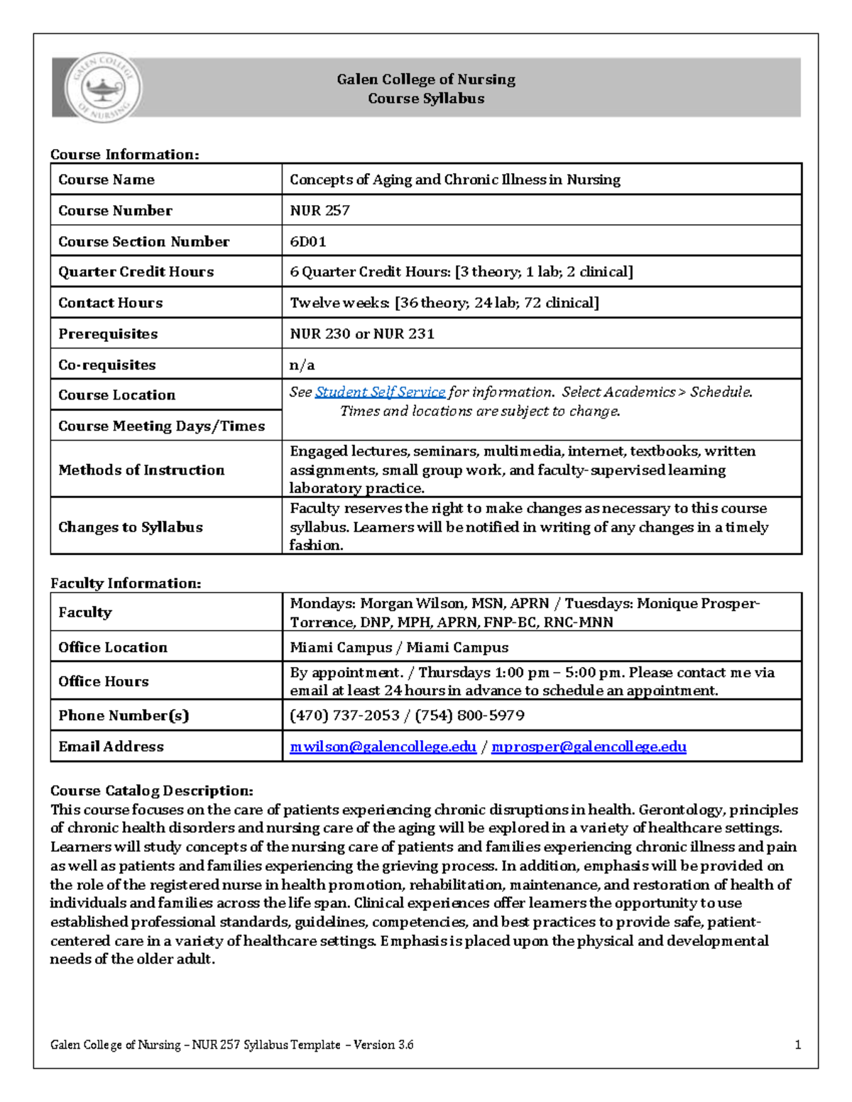 NUR 257 Syllabus Version 3-6 Wilson&Prosper Torrence 06D01 Winter 2023 ...