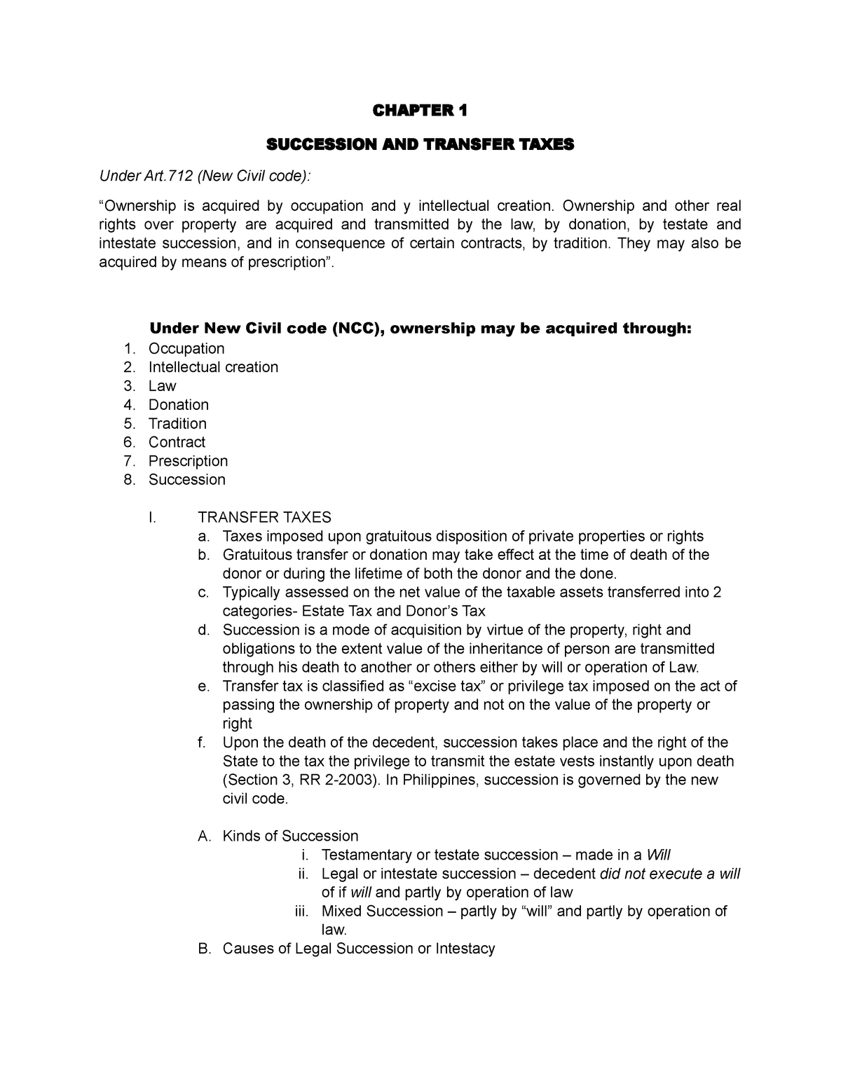 Chapter 1- Succession AND Transfer Taxes - CHAPTER 1 SUCCESSION AND ...