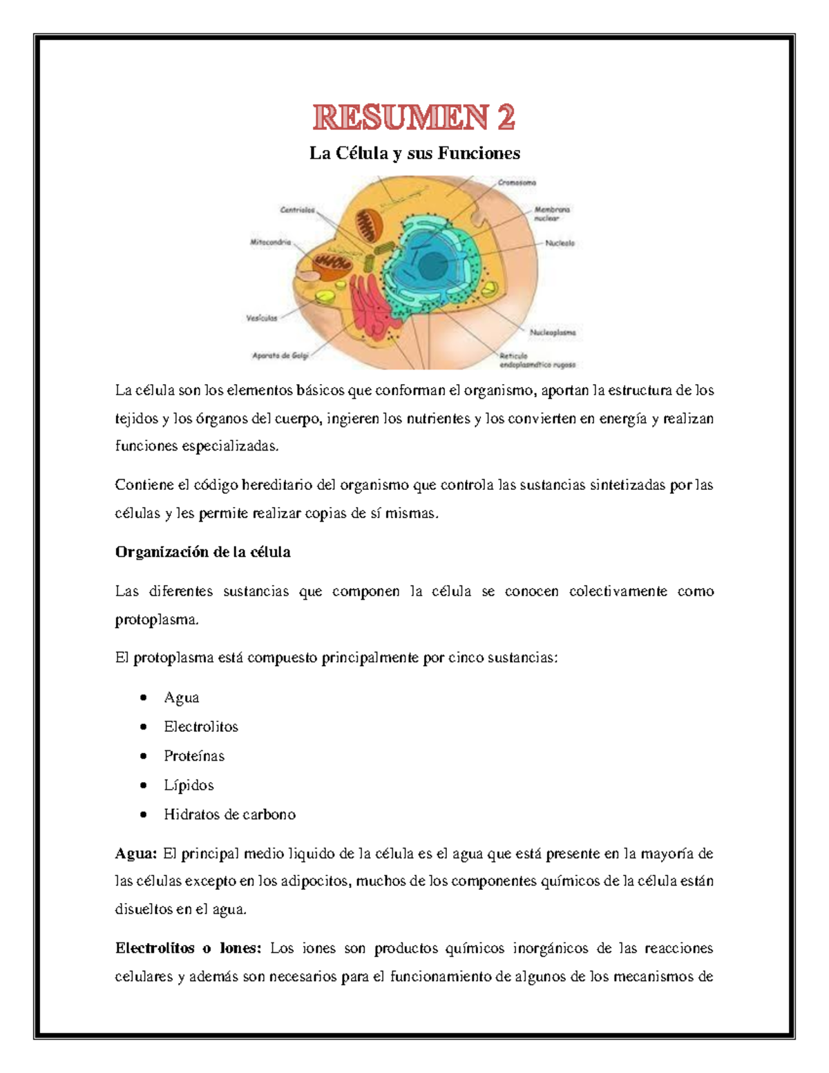 Resumem 2 Resumen La Célula Y Sus Funciones La Célula Son Los