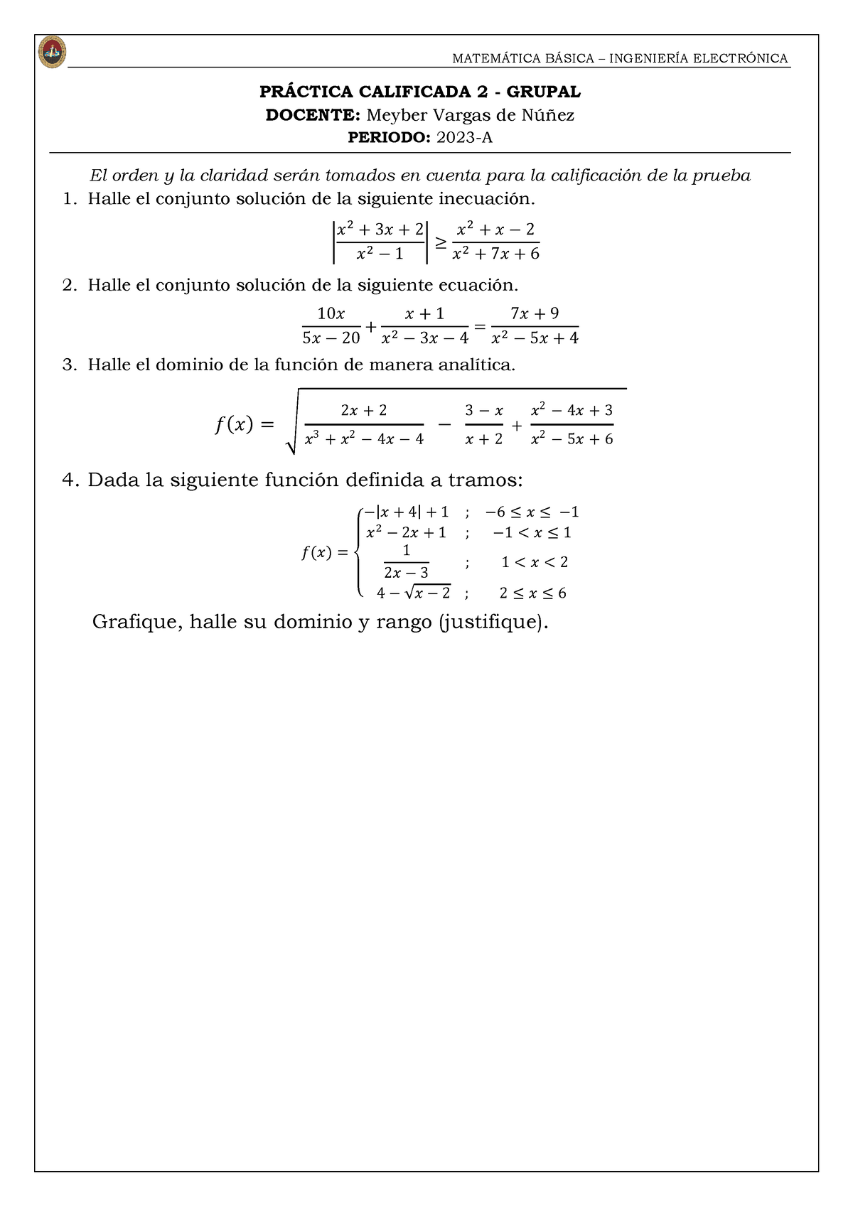 Práctica 2 - Matematica - MATEM¡TICA B¡SICA – INGENIERÕA ELECTR”NICA PR ...