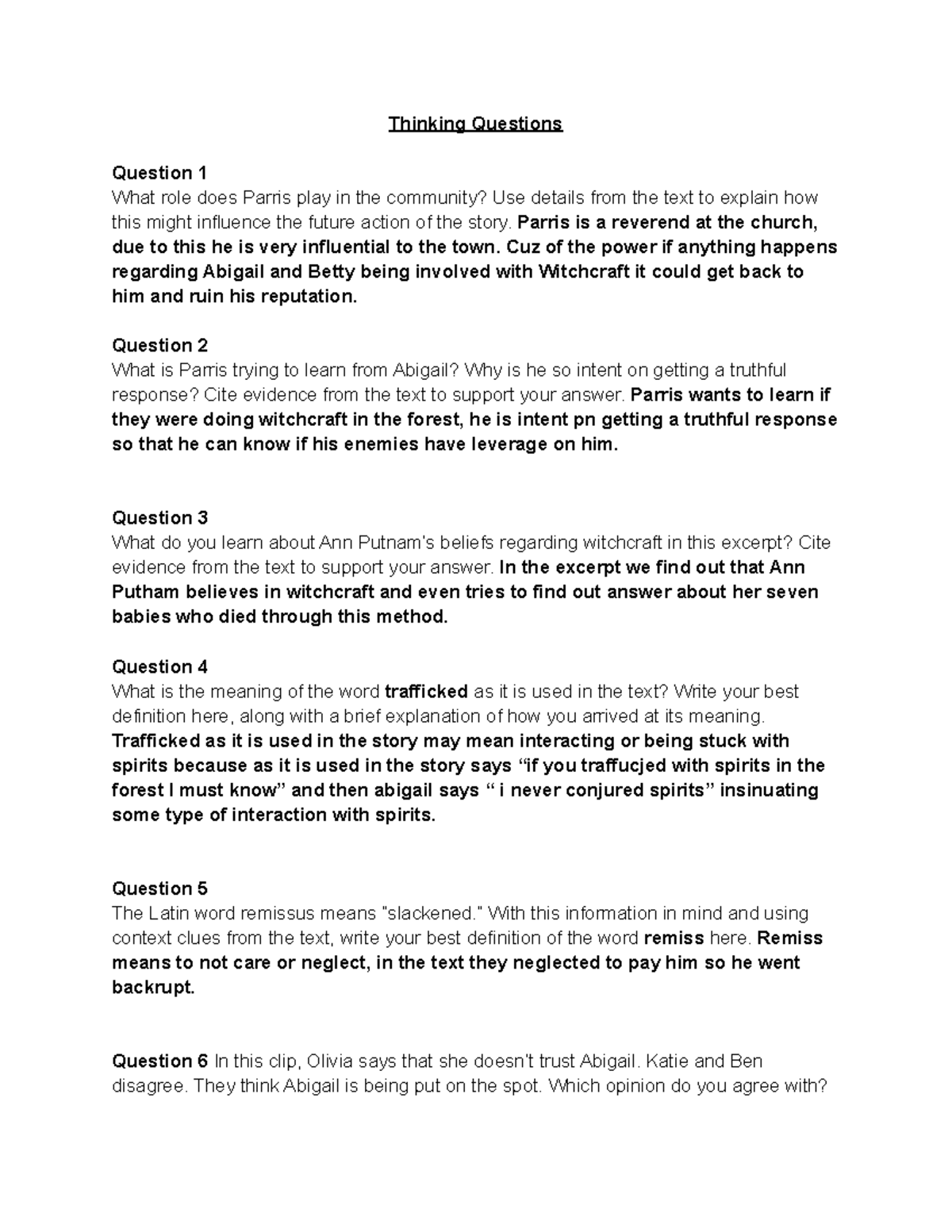 The Crucible Thinking Questions Thinking Questions Question 1 What