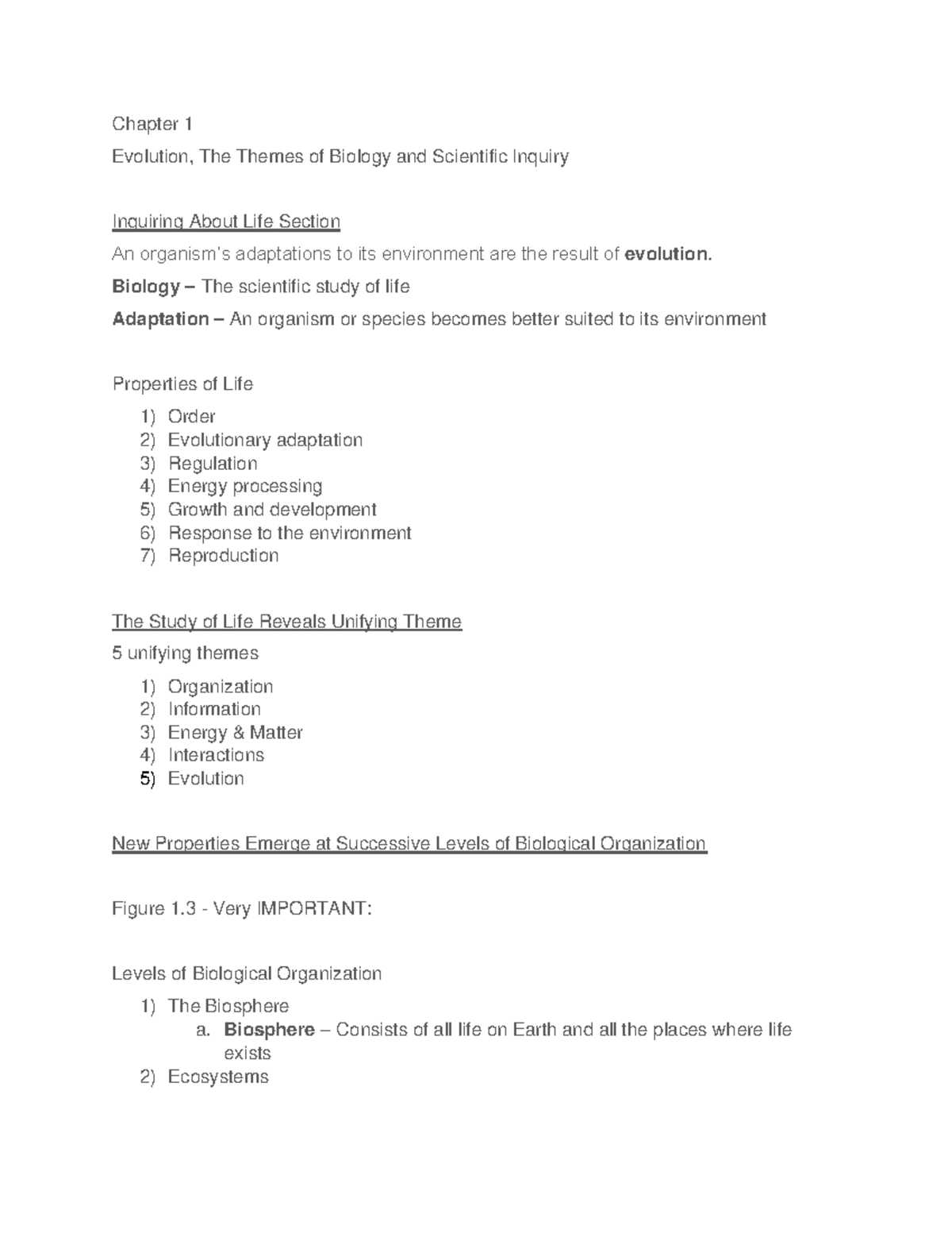 Biology - Chapter 1 Notes - Chapter 1 Evolution, The Themes Of Biology ...