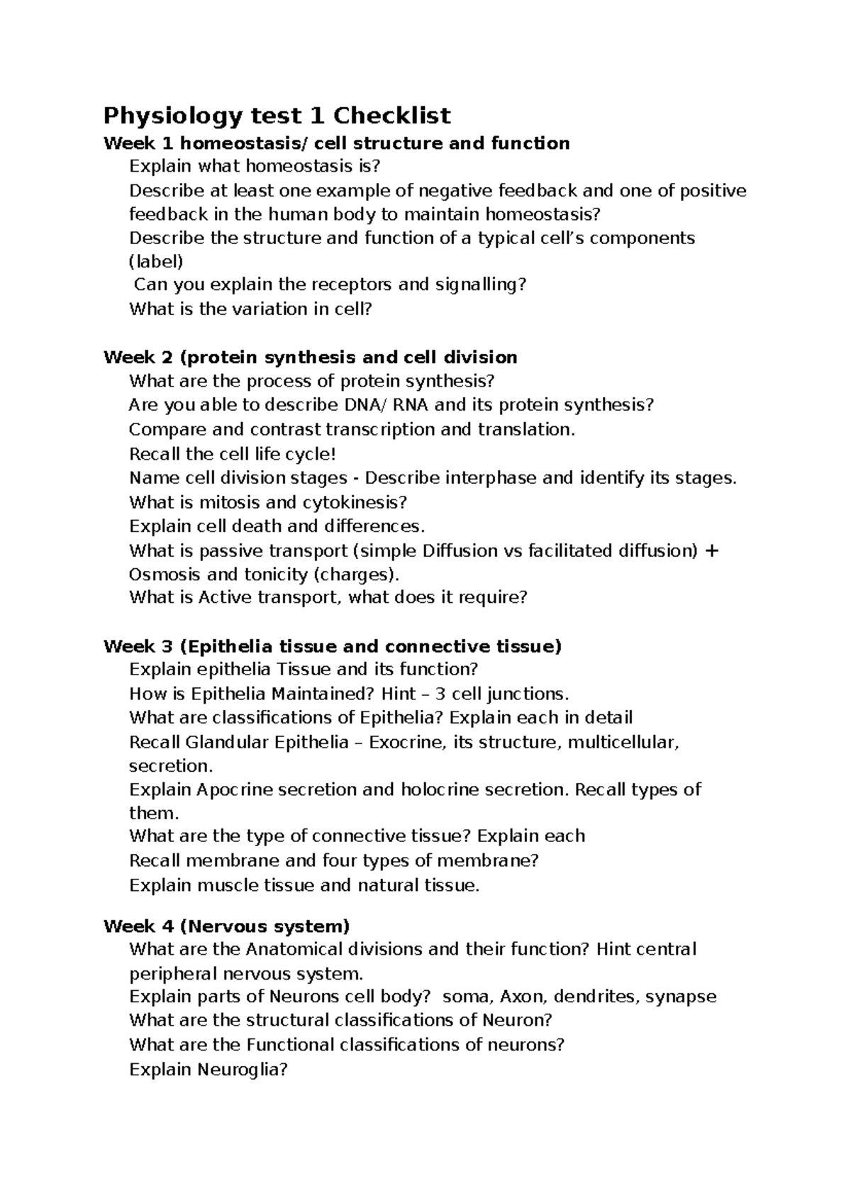 Physiology test 1 Checklist - Physiology test 1 Checklist Week 1 ...