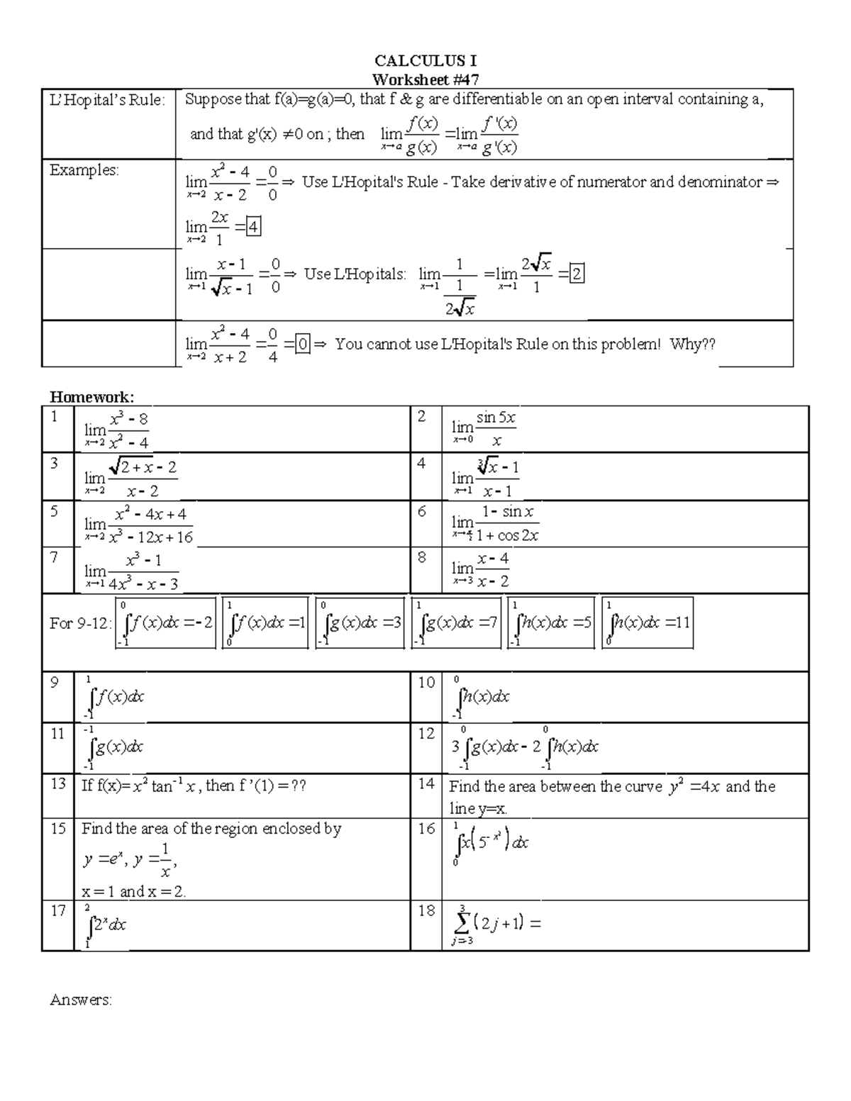 Ab ws 047 LHopitals Rule - CALCULUS I Worksheet # L’Hopital’s Rule ...