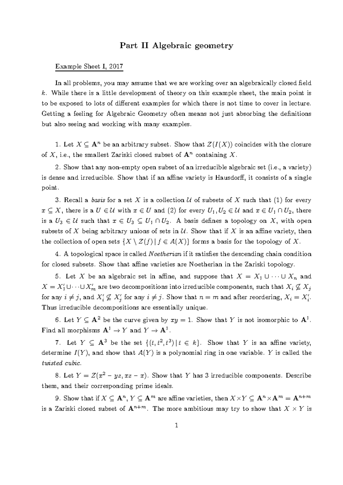 Algebraic Geometry 2016-2017 Example Sheet 1 - Part II Algebraic ...