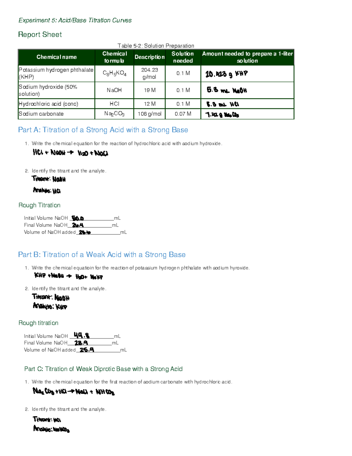 Titration Curves Lab Report Experiment 5 Acid/Base Titration Curves