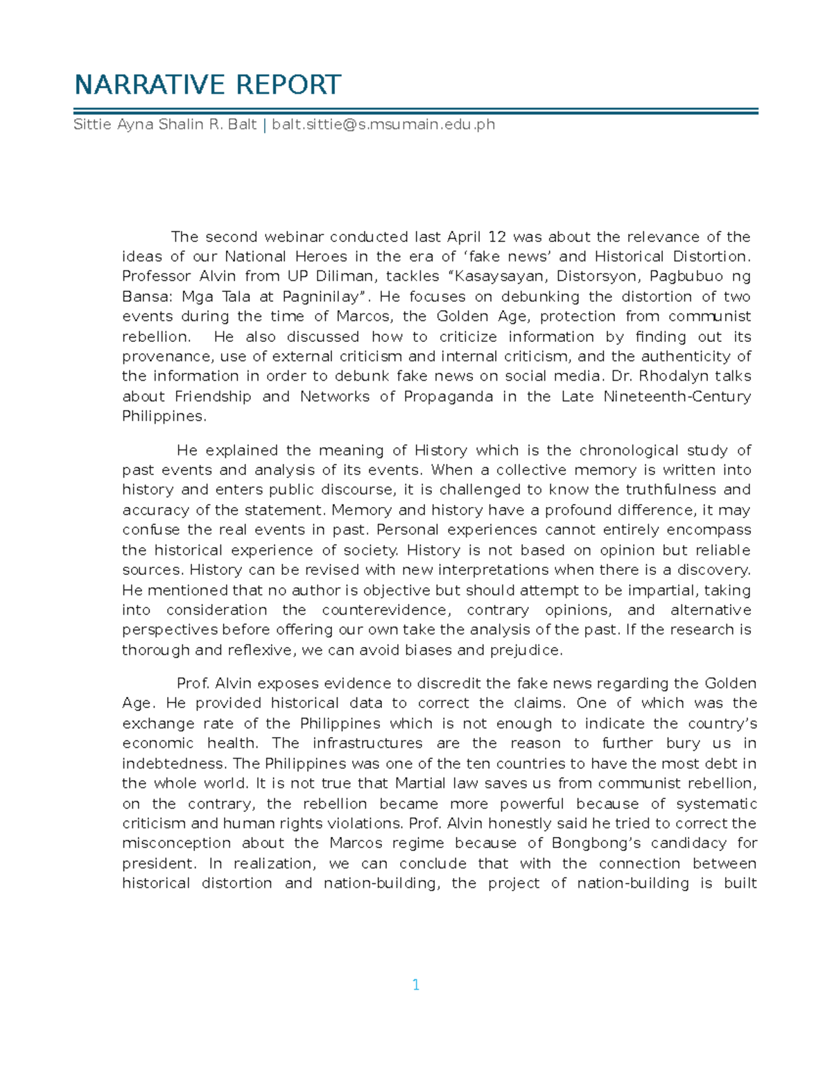 Narrative Report - NARRATIVE REPORT Sittie Ayna Shalin R. Balt | balt@s ...