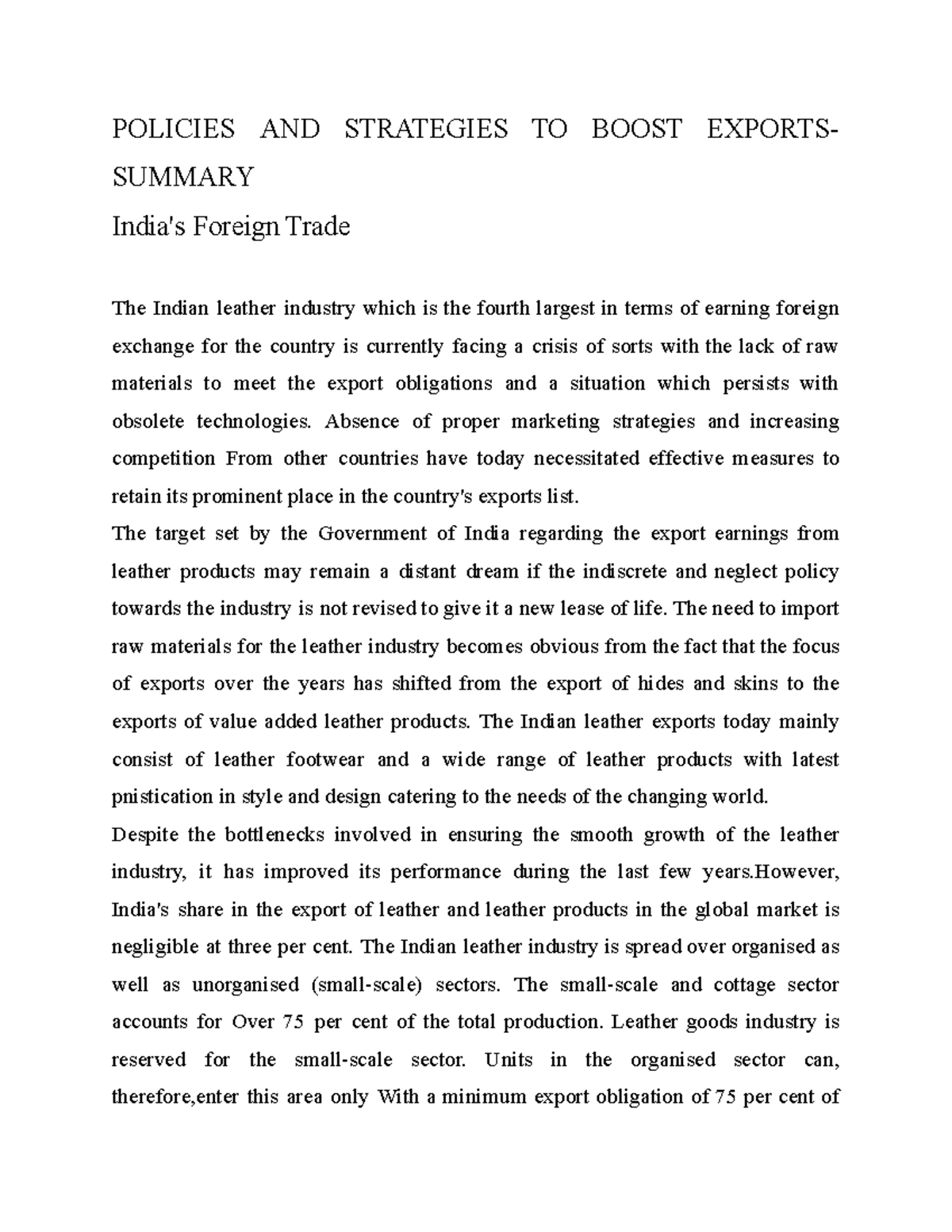 Policies AND Strategies TO Boost Exports- Summary - POLICIES AND ...