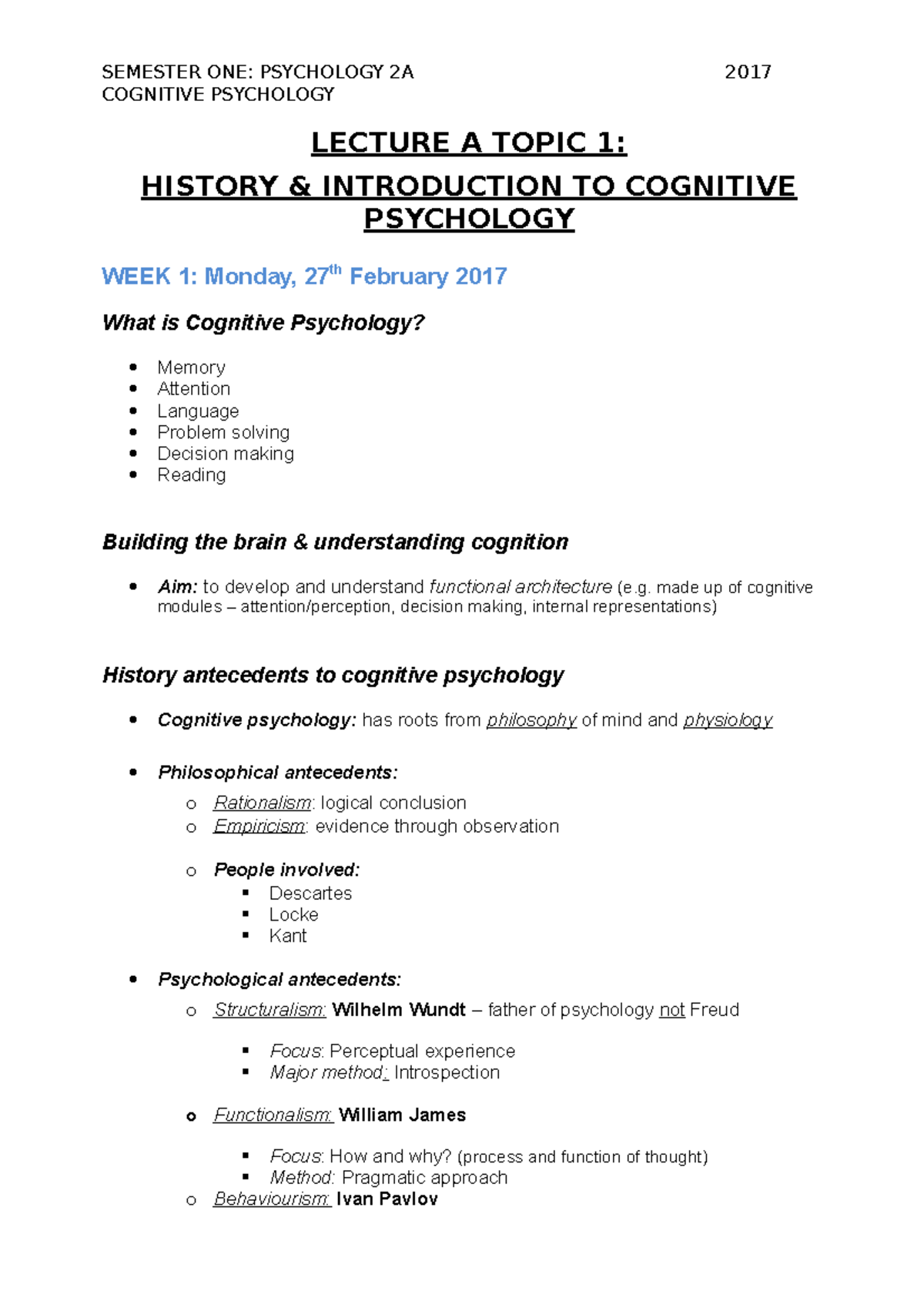 Cognitive Notes - COGNITIVE PSYCHOLOGY LECTURE A TOPIC 1: HISTORY ...