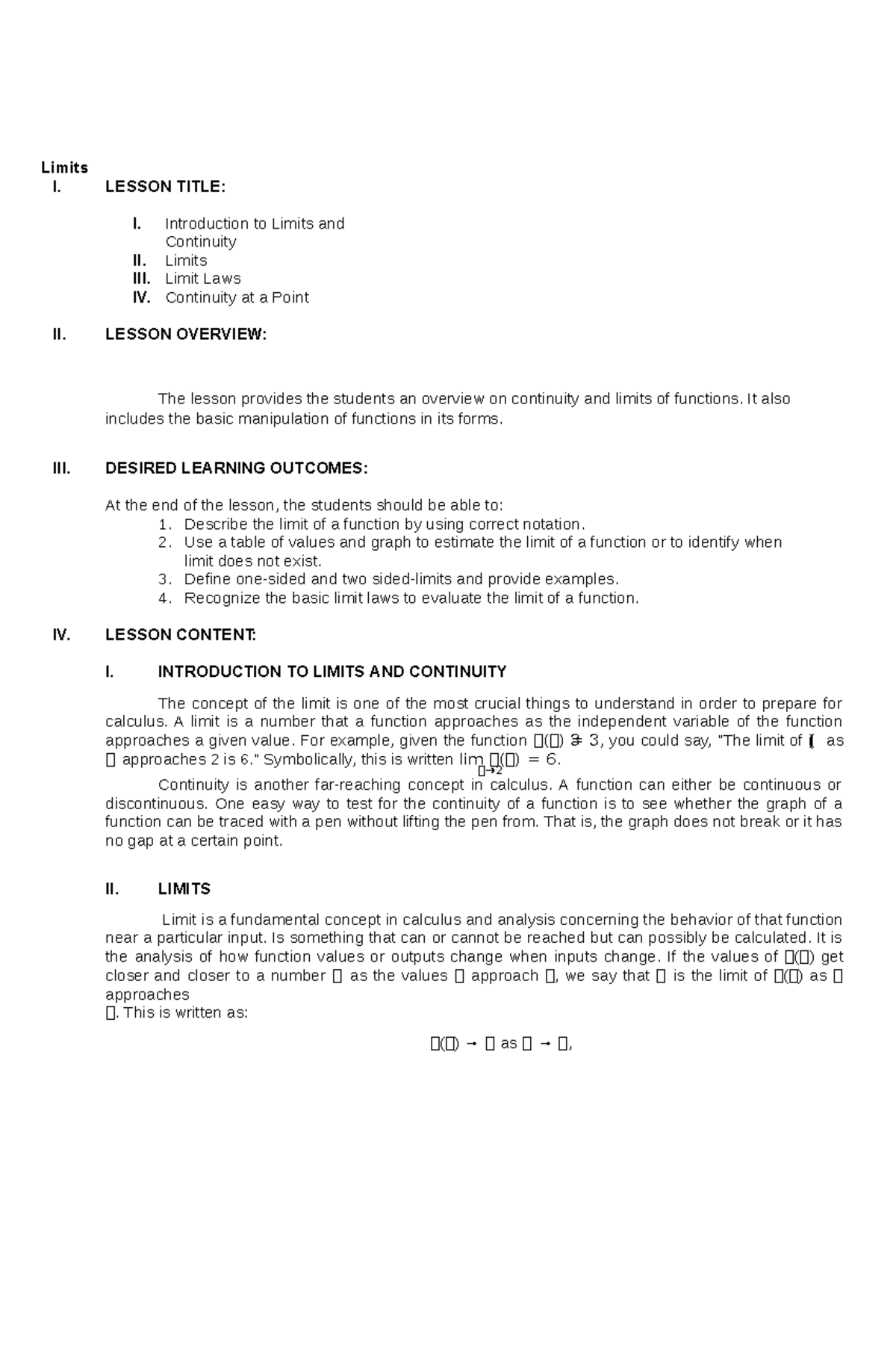 Diff. Calculus - Module 2 - Limits I. LESSON TITLE: I. Introduction to ...