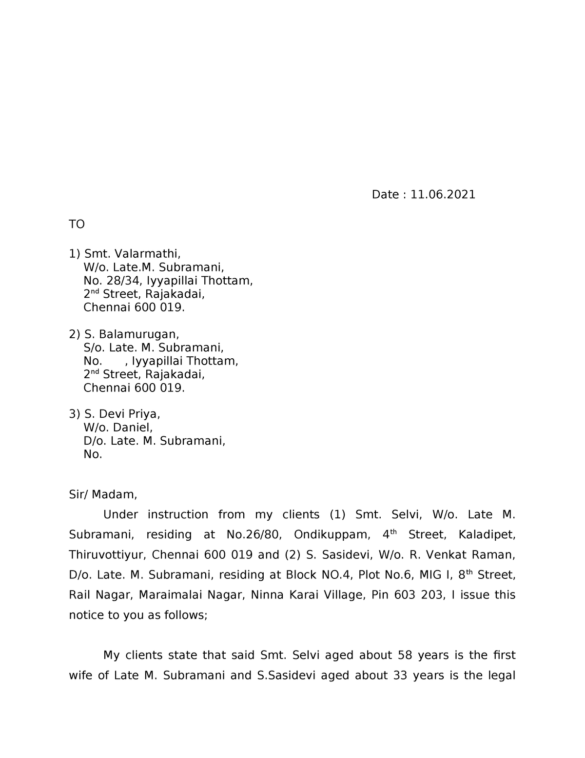 Partition SUIT Notice - Lecture notes - Date : 11. TO Smt. Valarmathi ...