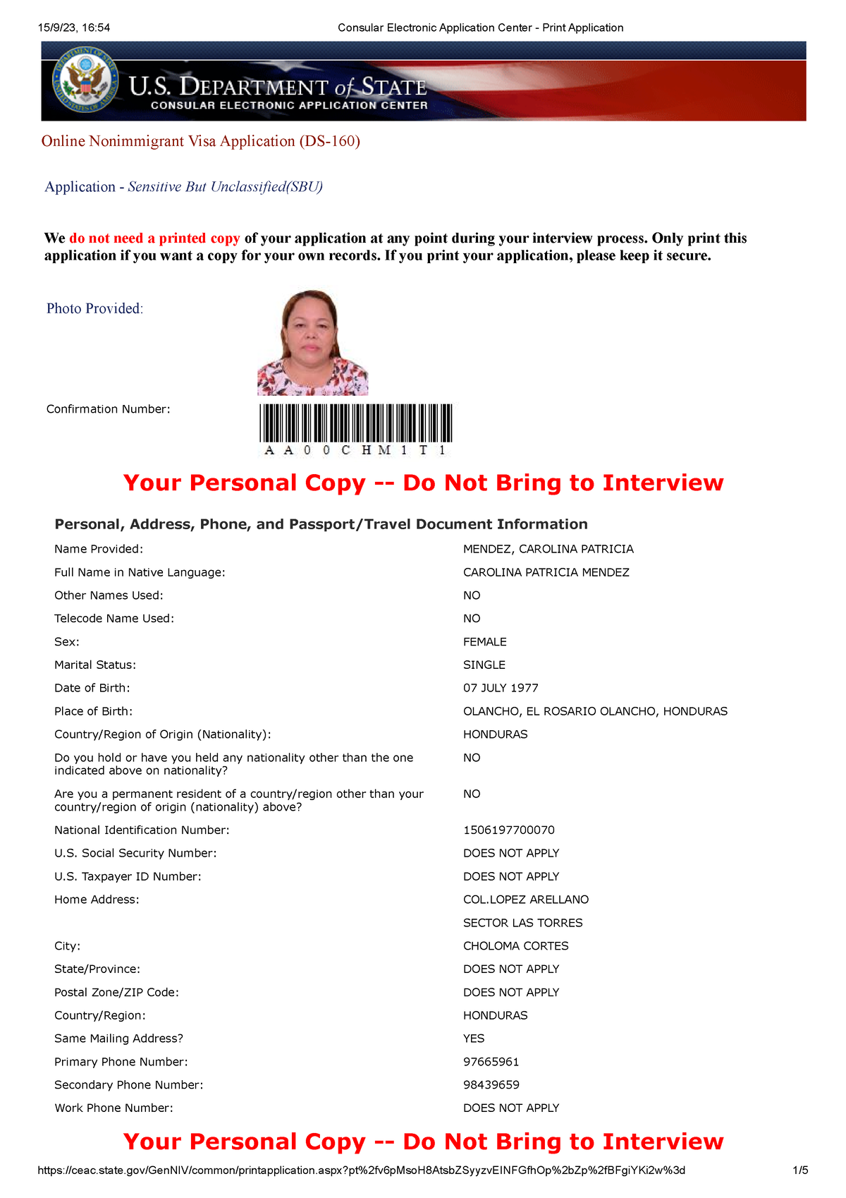 Consular Electronic Application Center - Print Application numero 3 ...