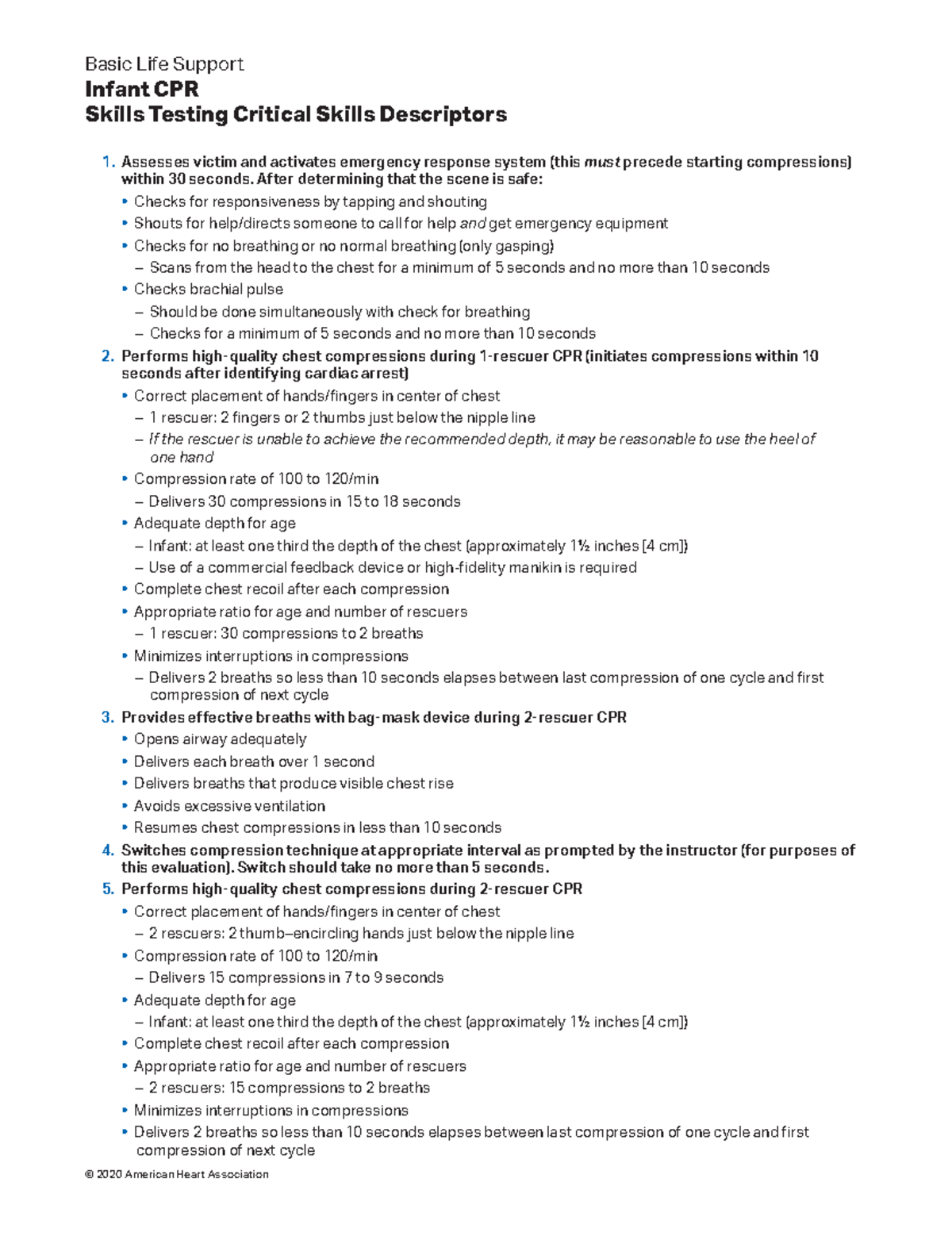 BLS 2020 Infant CPR Checklist 2 Basic Life Support Infant CPR Skills