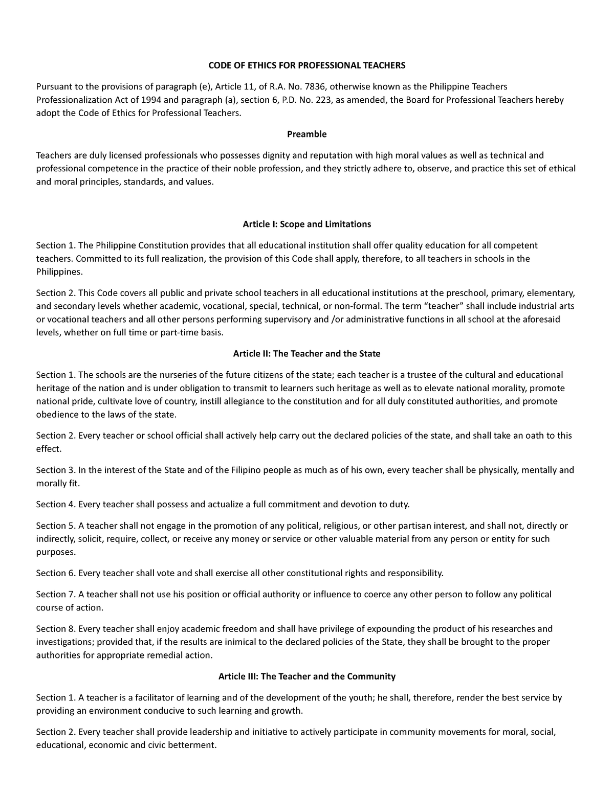 CODE OF Ethics PPST Magna Carta - CODE OF ETHICS FOR PROFESSIONAL ...