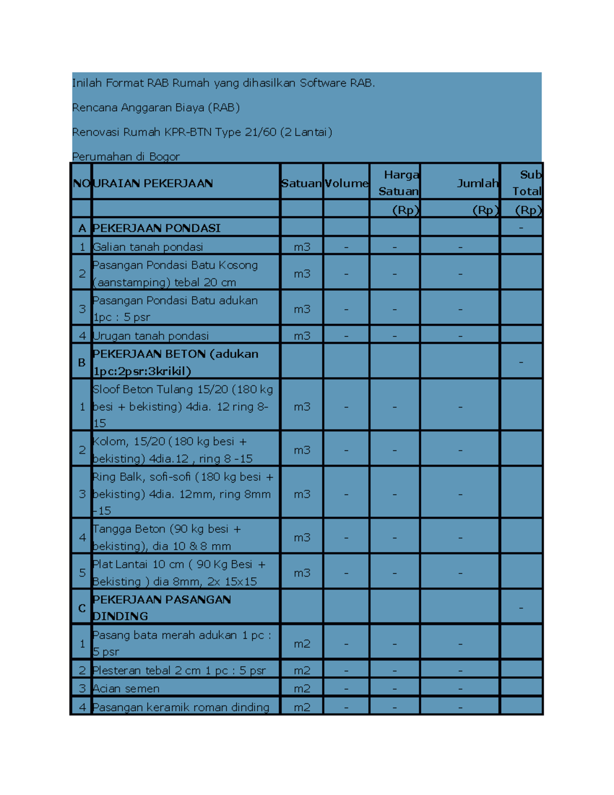 Format RAB Kontruksi Rumah Lt 2 - Inilah Format RAB Rumah Yang ...